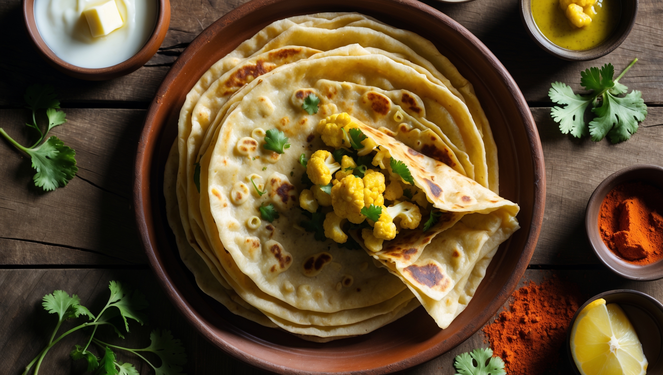 An overhead shot of golden-brown Gobi Parathas stacked on a traditional clay plate, with one paratha torn open to reveal the vibrant spiced cauliflower filling inside. The flatbreads glisten with a light brush of ghee, showcasing their flaky, layered texture. Warm, directional lighting highlights the char marks from the pan and the specks of fresh coriander and spices in the filling. Surrounding the plate are small bowls of yogurt, pickle, and a pat of melting butter, all arranged on a rustic wooden table with scattered fresh coriander leaves, a halved lemon, and a dusting of red chili powder adding contrasting colors to the composition.
