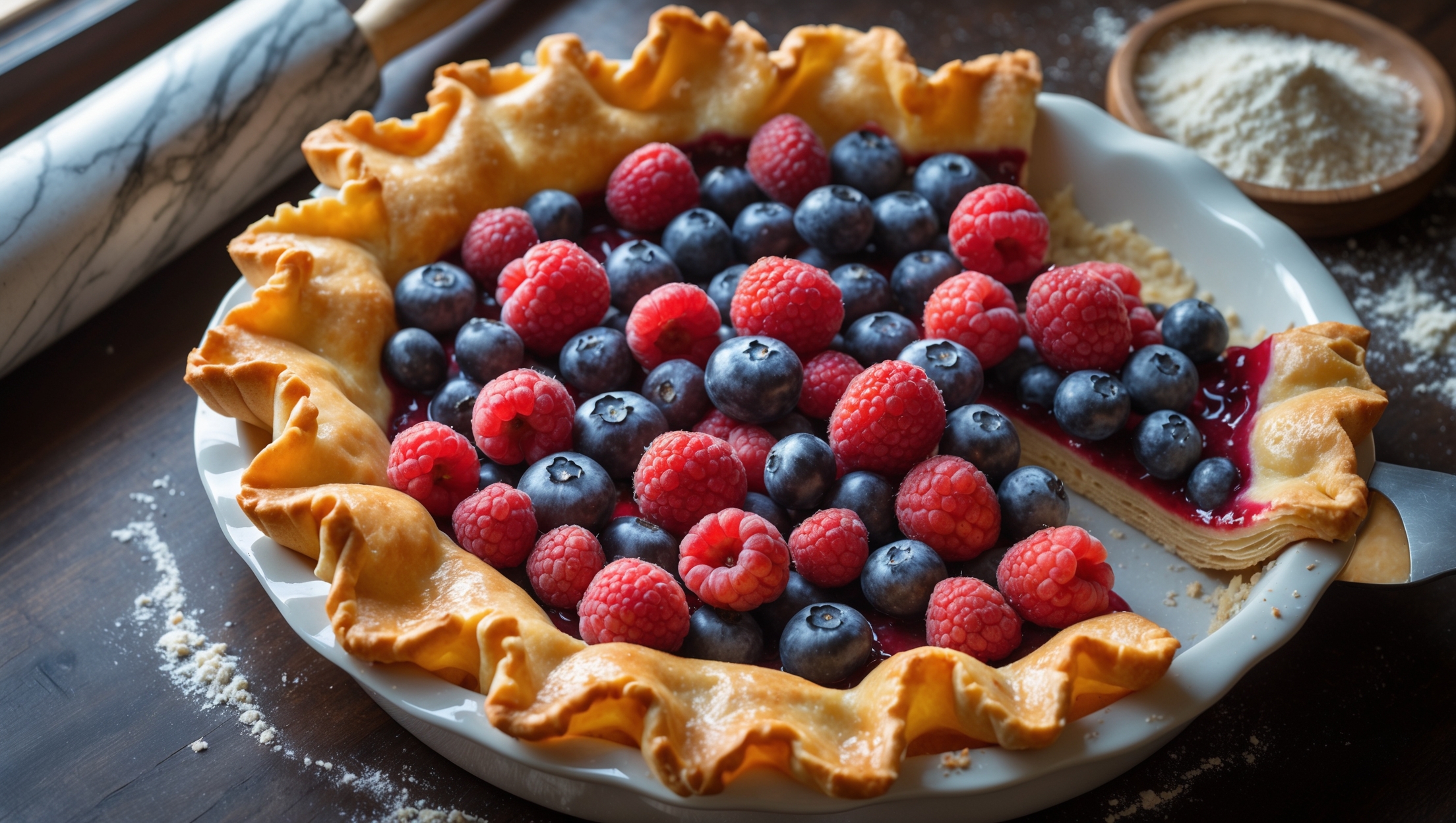 An overhead shot of a perfectly golden gluten-free pastry crust, partially filled with vibrant seasonal berries to showcase its flaky layers and sturdy structure. The crust edge features a beautifully crimped pattern that reveals delicate, distinct layers under soft natural window light. A dusting of gluten-free flour and a marble rolling pin rest in the background, while a slice being removed shows the crust's clean cut and excellent structure. The warm golden-brown tones of the pastry contrast beautifully against the white ceramic pie dish and the dark wooden surface beneath, emphasizing the crust's professional finish despite being gluten-free.