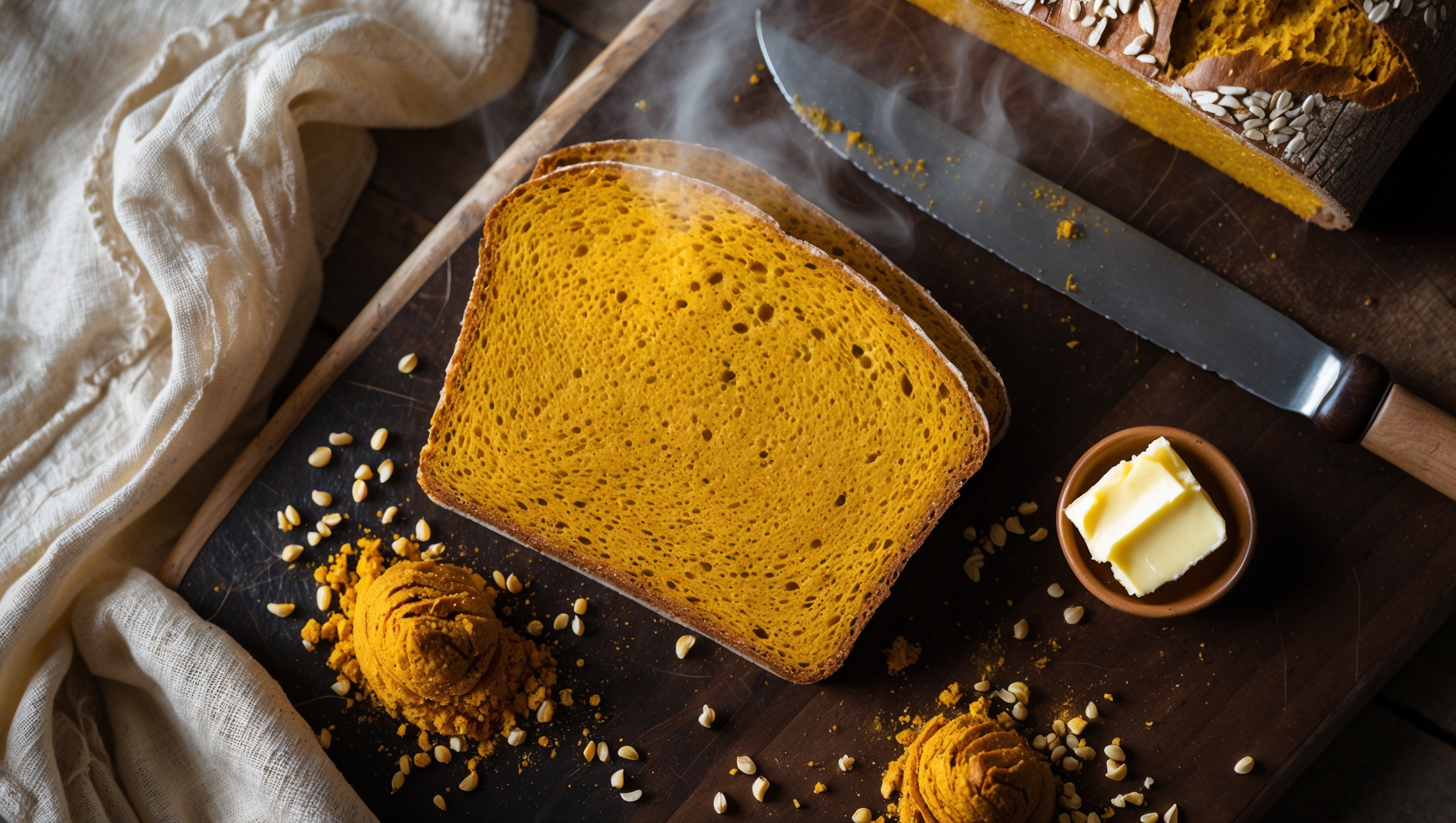 An overhead shot of a freshly sliced golden turmeric whole wheat loaf, its vibrant yellow-orange crumb contrasting beautifully against a dark wooden cutting board. Natural morning light streams across the scene, highlighting the bread's tender yet sturdy texture and tiny air pockets throughout. Scattered around the base are tiny piles of ground turmeric, cracked black pepper, and wheat berries, with a drizzle of honey glistening over one slice. A vintage linen napkin and small ceramic dish of butter complete the rustic styling, while steam rises subtly from the freshly cut surface, suggesting warmth and inviting the viewer to taste.