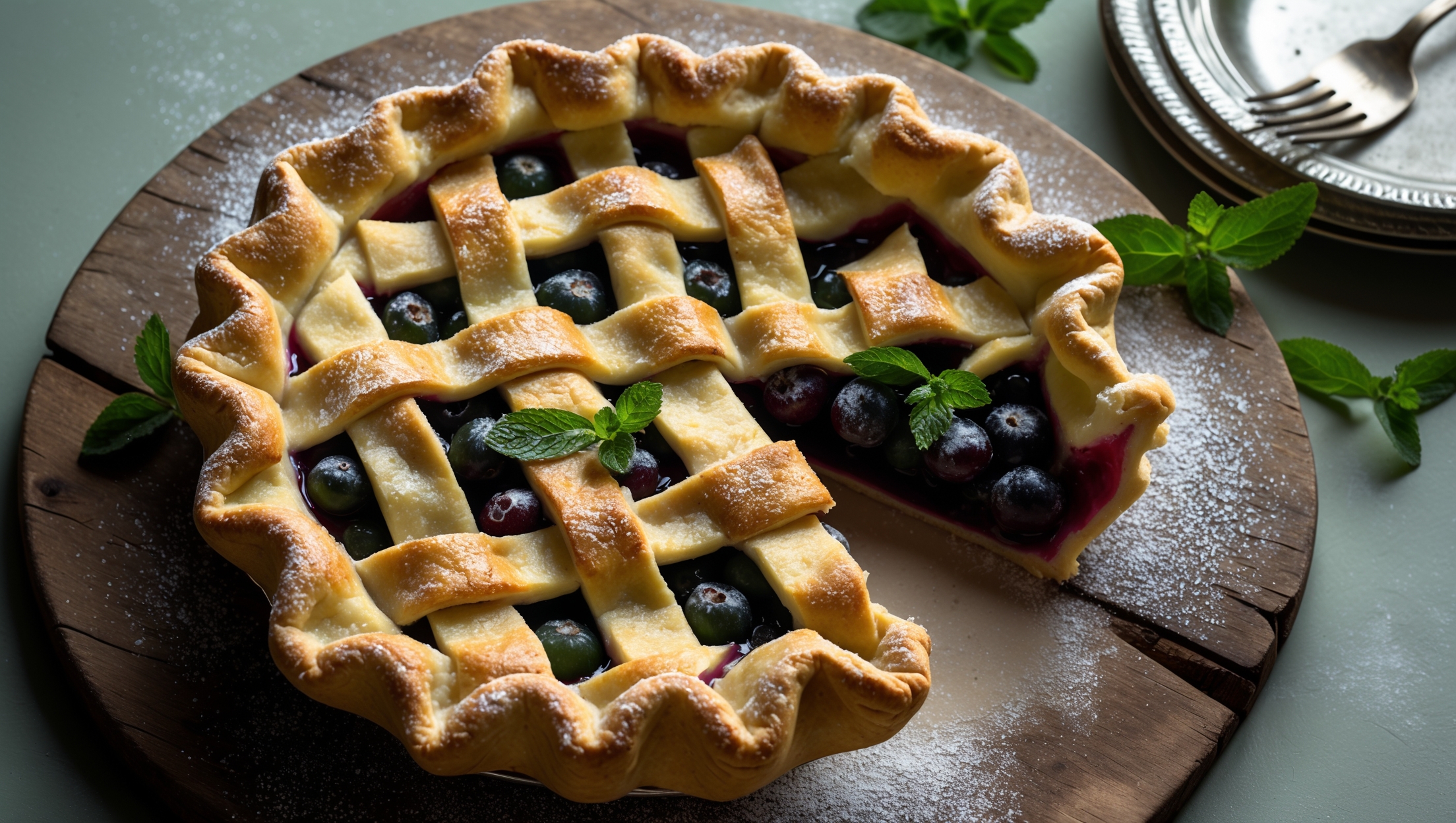 An overhead shot of a golden-brown gooseberry pie with a beautifully latticed top crust, revealing glimpses of the vibrant green-pink filling bubbling through the gaps. Captured in soft natural light, the pie rests on a weathered wooden board with a vintage silver server nearby. The crust shows a perfect sugary sparkle and caramelized edges, while a small portion has been cut to reveal the jewel-toned gooseberry filling with its glossy, slightly translucent texture. Fresh gooseberries and a sprig of mint are scattered artfully around the pie, creating a contrast between the rustic baked good and its fresh ingredients. A dusting of powdered sugar catches the light, highlighting the textural details of the hand-crimped edges.