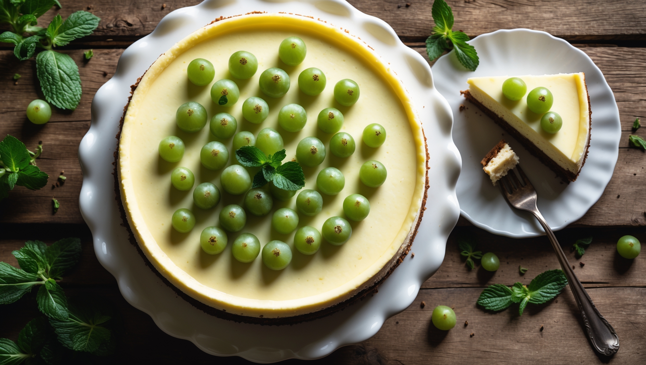 An overhead shot of a perfectly set gooseberry cheesecake on a white ceramic cake stand, its creamy pale yellow surface adorned with a vibrant layer of glossy green gooseberries that glisten under soft natural light. A slice has been removed, revealing the impeccable contrast between the buttery biscuit base, velvety cheesecake filling, and jewel-like gooseberry topping. The cake stand sits on a rustic wooden table scattered with fresh gooseberries and mint leaves, while a fork with a small bite rests nearby, showing the luscious texture of the filling that holds its shape without being too dense.