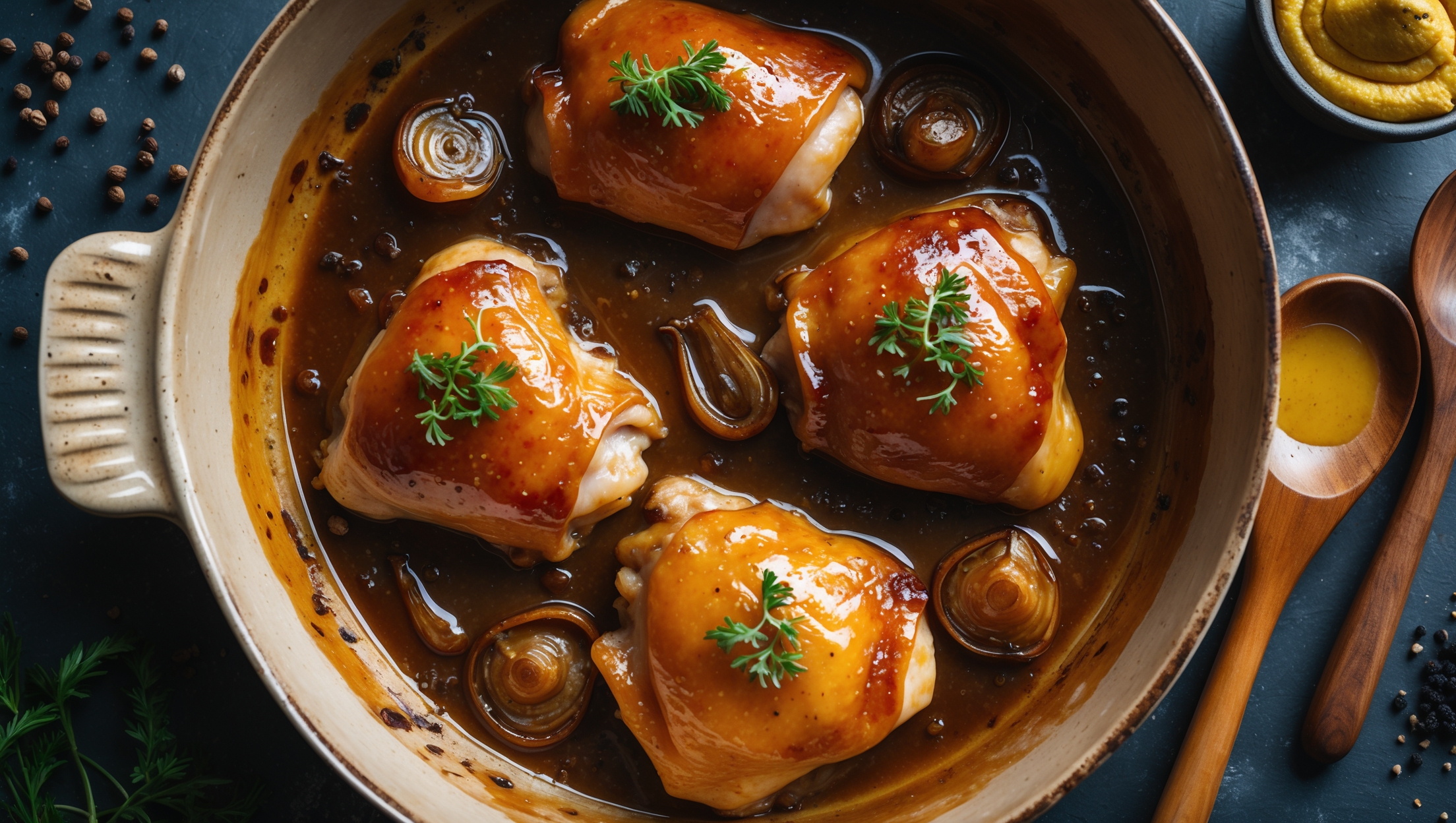 An overhead shot of golden-brown chicken thighs nestled among caramelized shallots on a rustic ceramic baking dish. The chicken skin glistens with the glossy mustard sauce, capturing the warm amber tones under soft natural light. A scattered arrangement of fresh herbs provides bright color contrast against the rich, savory elements. Droplets of sauce cling to the sides of the dish, highlighting its silky texture, while a wooden serving spoon rests alongside, suggesting the homey, comforting nature of this dish. The background features scattered peppercorns and a small bowl of grainy mustard, reinforcing the recipe's flavor profile.