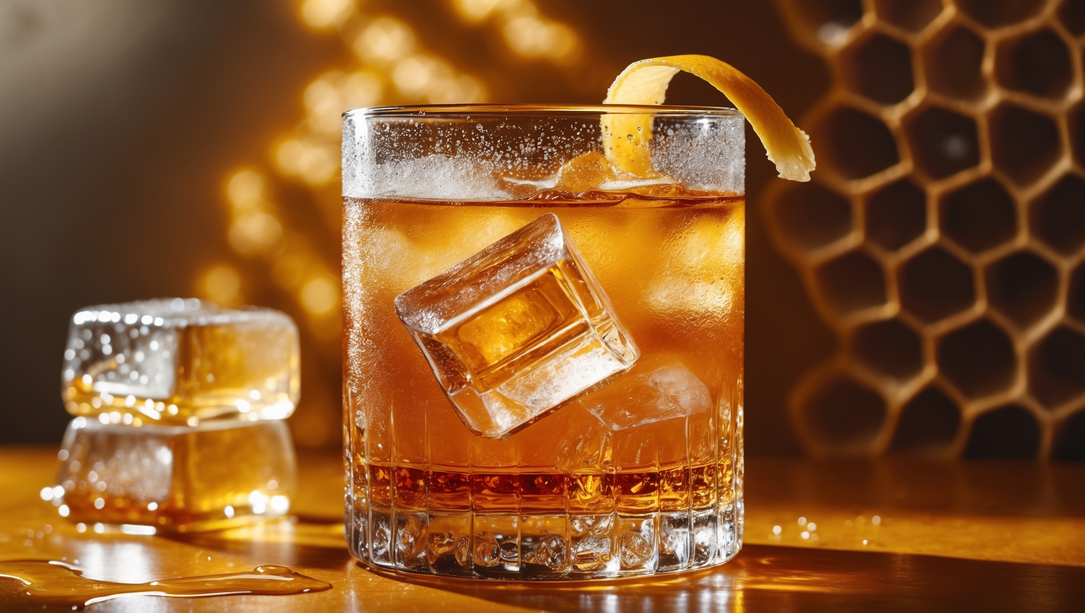 A rocks glass filled with a brilliantly amber-hued cocktail, photographed in warm, honey-colored light that accentuates its golden tones. Large, crystal-clear ice cubes catch the light while casting dramatic shadows through the drink. A macro shot captures tiny beads of condensation forming on the glass's exterior, with a delicate lemon twist resting on the rim, its oils visibly released across the surface. The backdrop features subtle honeycomb textures and warm wood tones, complementing the bourbon's rich character and honey sweetness that define this Gold Rush cocktail.
