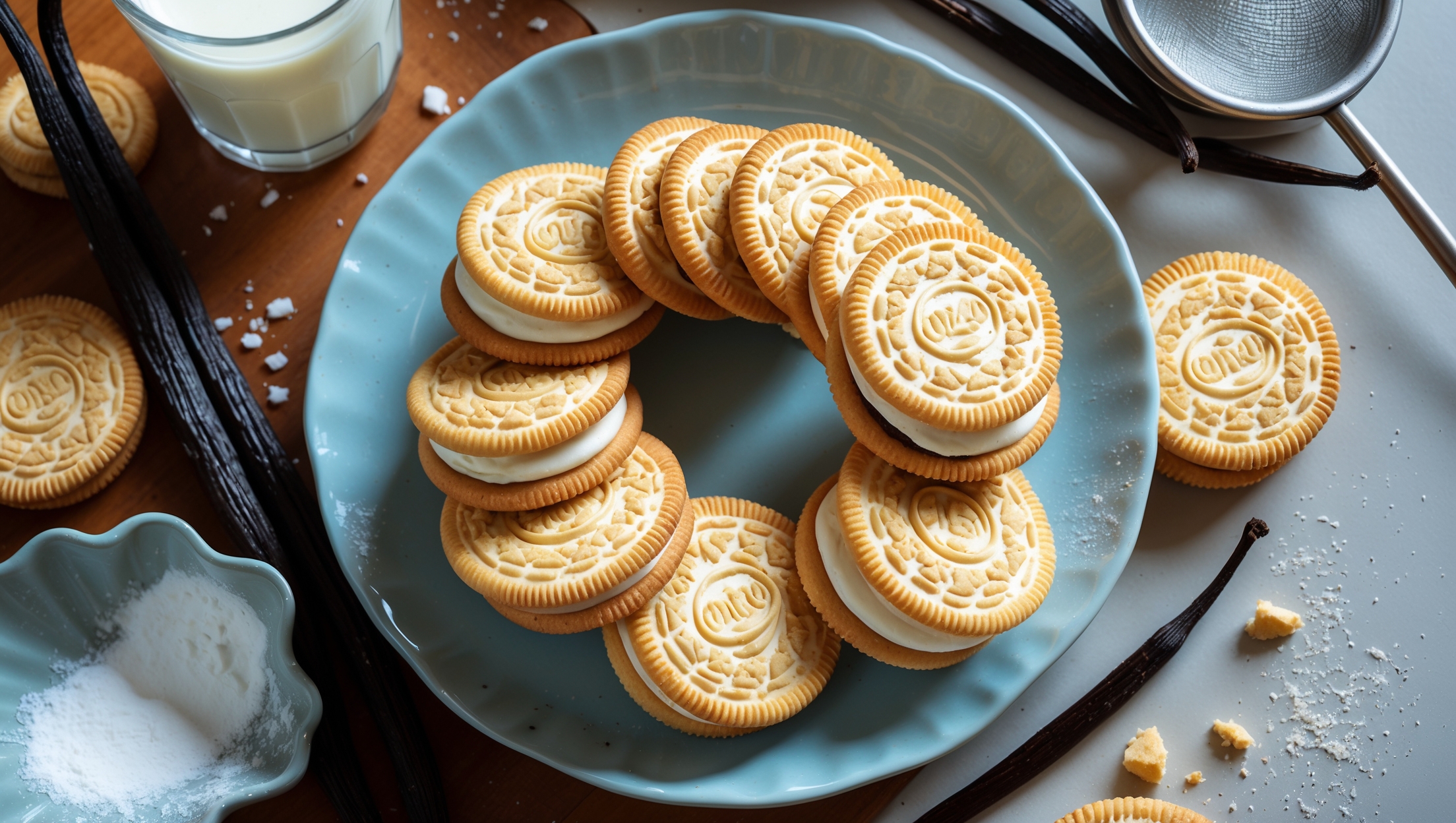 An overhead shot of perfectly round Golden Oreo cookies arranged in a spiral pattern on a light blue ceramic plate, with several cookies stacked to showcase the creamy white filling between golden-hued cookies. Soft natural light streams in from a nearby window, highlighting the subtle vanilla flecks in the cookies and the smooth texture of the filling. In the background, a glass of milk sits beside a vintage sifter with a dusting of powdered sugar, while crumbs and a few whole vanilla beans artfully scattered create visual interest. The cross-section view of one broken cookie reveals the distinct layers and crisp texture that makes these sandwich cookies so irresistible.