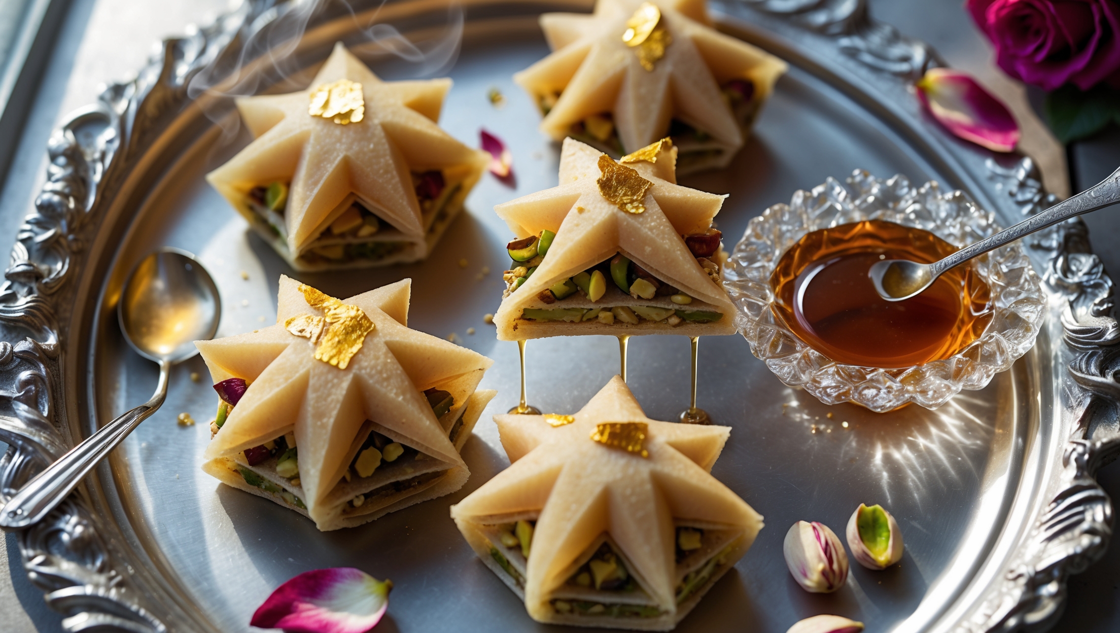 Overhead shot of geometric kadaifi pastry parcels on an ornate silver platter, their honey-golden exteriors glinting with patches of applied edible gold leaf. A cross-section reveals layers of crunchy kadaifi strands surrounding a verdant pistachio and walnut filling. Soft natural window light highlights the contrasting textures - crisp exterior and moist, nutty interior. A small crystal bowl of amber syrup sits nearby with a silver spoon drizzling the fragrant liquid onto one piece, capturing the moment the syrup glistens before absorption. Rose petals and whole pistachios are scattered artfully around the composition, with wisps of steam suggesting the dessert is freshly made.