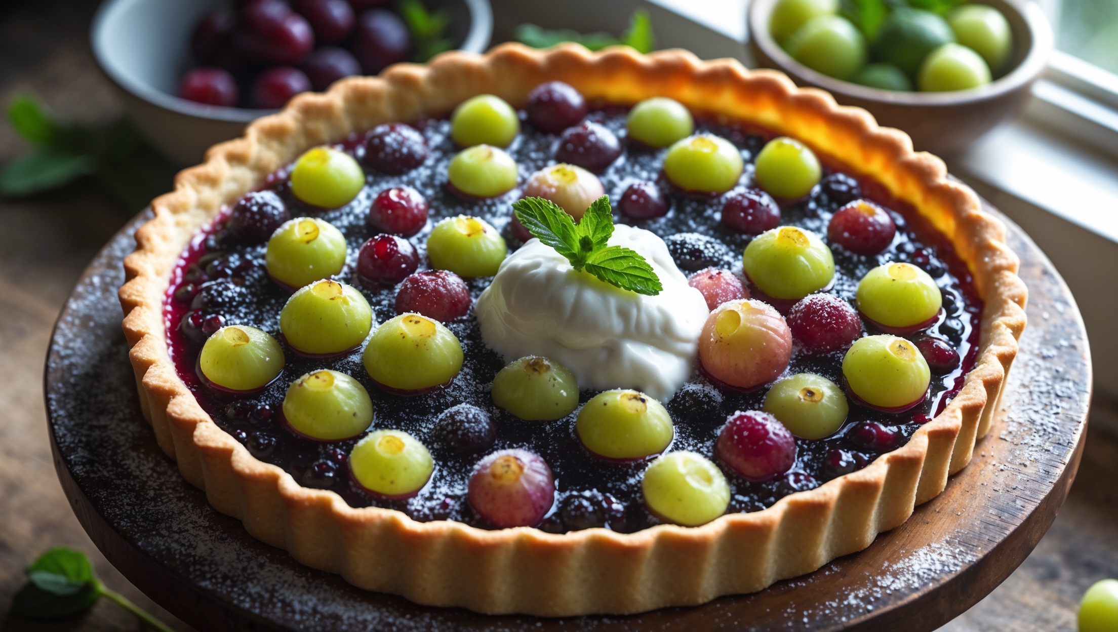 An overhead shot captures this rustic gooseberry tart on a weathered wooden cake stand, its golden-brown shortcrust pastry forming a perfectly fluted edge around vibrant green and pink gooseberries. Natural light streams through a kitchen window, highlighting the glossy, slightly caramelized fruit filling where some berries have burst during baking, creating jewel-toned pockets of jammy sweetness. A dusting of confectioners' sugar creates a delicate contrast against the fruit, while a dollop of crème fraîche melts slightly against the still-warm tart. In the background, a small bowl of fresh gooseberries and sprigs of fresh mint suggest the seasonal nature of this dessert.