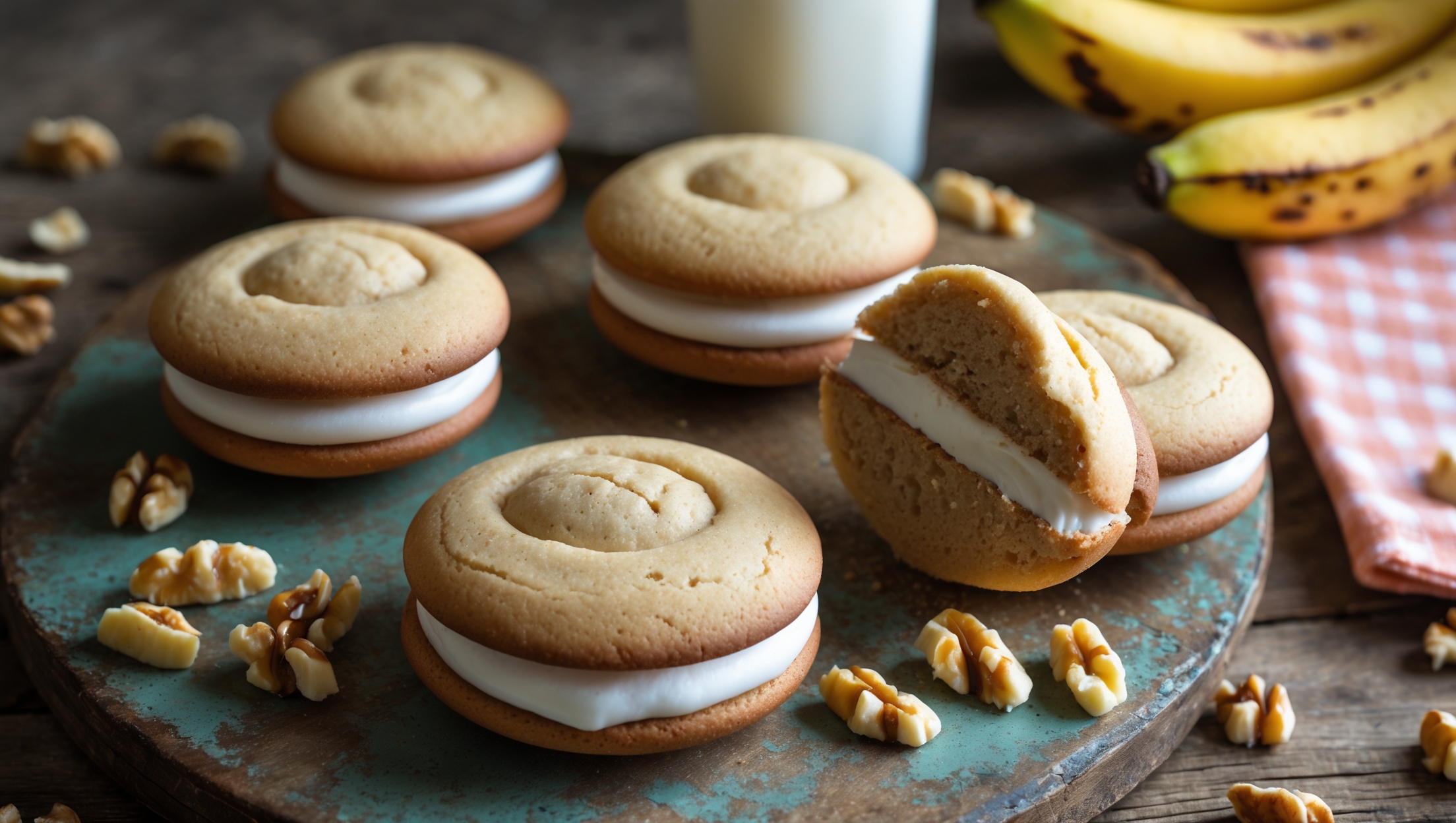 An overhead shot of four Go Bananas Whoopie Pie Sandwich Cookies arranged in a staggered pattern on a weathered wooden serving board, with one cookie broken in half revealing the creamy marshmallow filling swirled between the cakey banana cookies. The soft natural light casts subtle shadows highlighting the texture of the cookies' slightly domed tops and their golden-brown edges. In the background, a bunch of spotty ripe bananas and scattered chopped walnuts create context, while a vintage milk bottle and gingham napkin add homey charm. The filling's smooth, glossy appearance contrasts beautifully with the cookies' soft, moist crumb, capturing the perfect sandwich-like construction that defines these nostalgic treats.