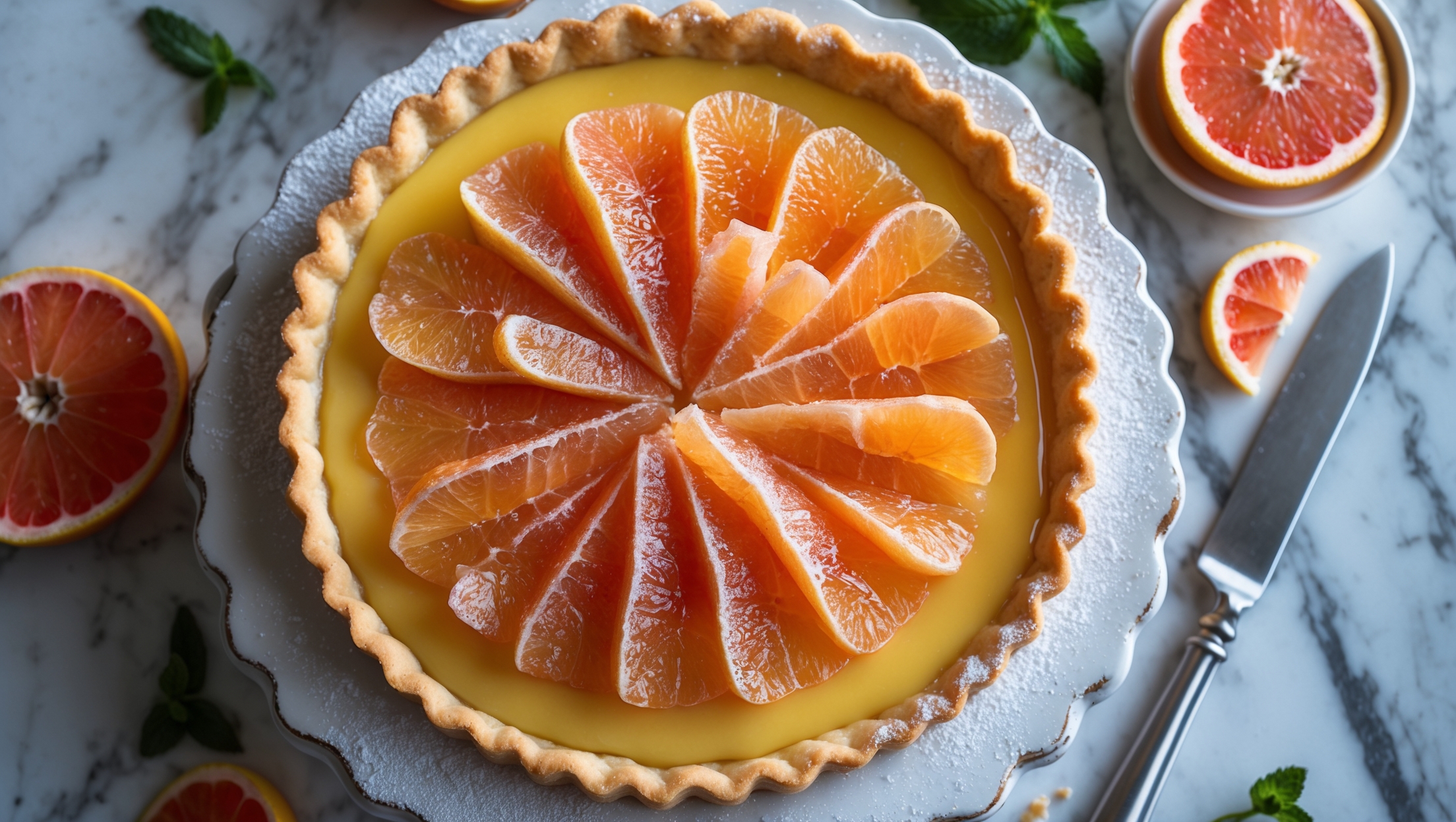 An overhead shot of a perfectly sliced grapefruit tart revealing its golden-yellow curd filling, set on a vintage white ceramic cake stand. Soft natural light streams in from the side, highlighting the glossy surface adorned with thin, translucent candied grapefruit slices arranged in a spiral pattern. The shortcrust pastry edge shows a beautiful golden-brown color with a clean, precise crimp. A dusting of powdered sugar creates a gentle contrast against the vibrant citrus, while fresh grapefruit segments and mint leaves are arranged nearby. The scene is completed with a marble countertop backdrop, a silver serving knife, and small bowls of pink grapefruit zest that hint at the tart's bright, aromatic flavor profile.
