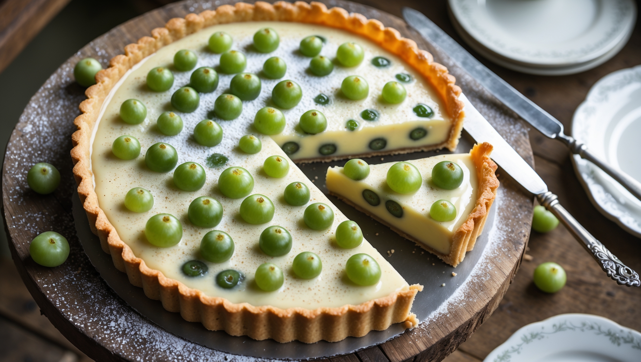 An overhead shot of the golden-edged gooseberry custard tart resting on a weathered wooden cake stand, with natural window light highlighting the glossy custard surface speckled with vibrant green gooseberries. A cross-section slice reveals the perfect layers: crisp, buttery shortcrust pastry supporting the set custard studded with softened berries. Scattered fresh gooseberries and a light dusting of powdered sugar create visual interest around the tart, while a vintage silver serving knife and delicate white china plates suggest imminent enjoyment. The warm honey tones of the custard contrast beautifully with the jewel-like green berries, emphasizing the homemade charm of this seasonal dessert.