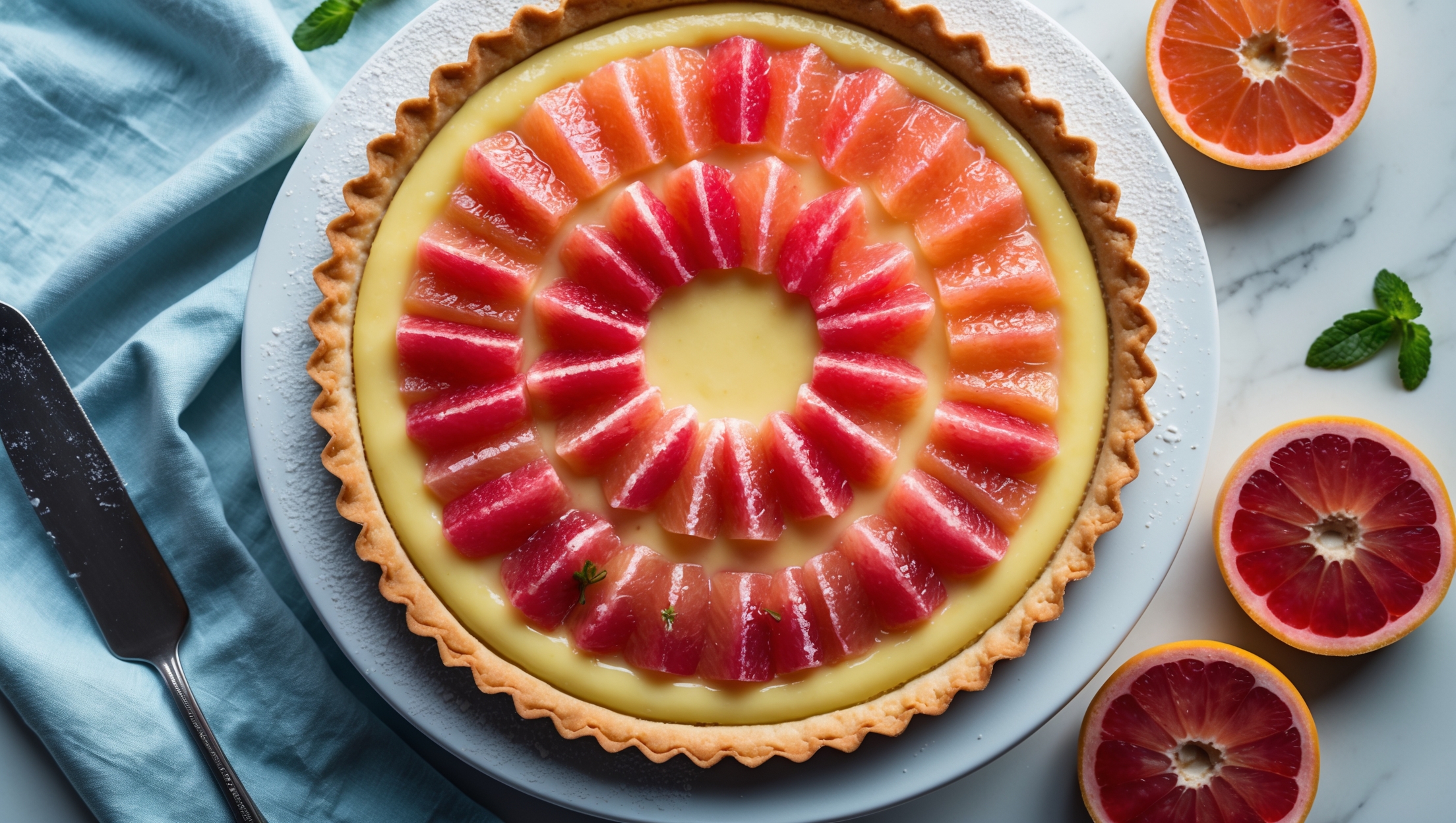 An overhead shot of a perfectly crimped tart with a golden-brown shortcrust base, filled with a smooth, pale yellow custard that gleams under soft natural light. Vibrant pink and ruby-red grapefruit segments are artfully arranged in a concentric pattern on top, glistening with a light citrus glaze. A cross-section reveals the distinct layers – crisp pastry, creamy custard, and juicy grapefruit. The tart sits on a white ceramic stand against a light blue linen, with a few scattered grapefruit slices, fresh mint leaves, and a dusting of powdered sugar adding dimension. A vintage silver cake server rests nearby, ready to slice through the delicate creation.