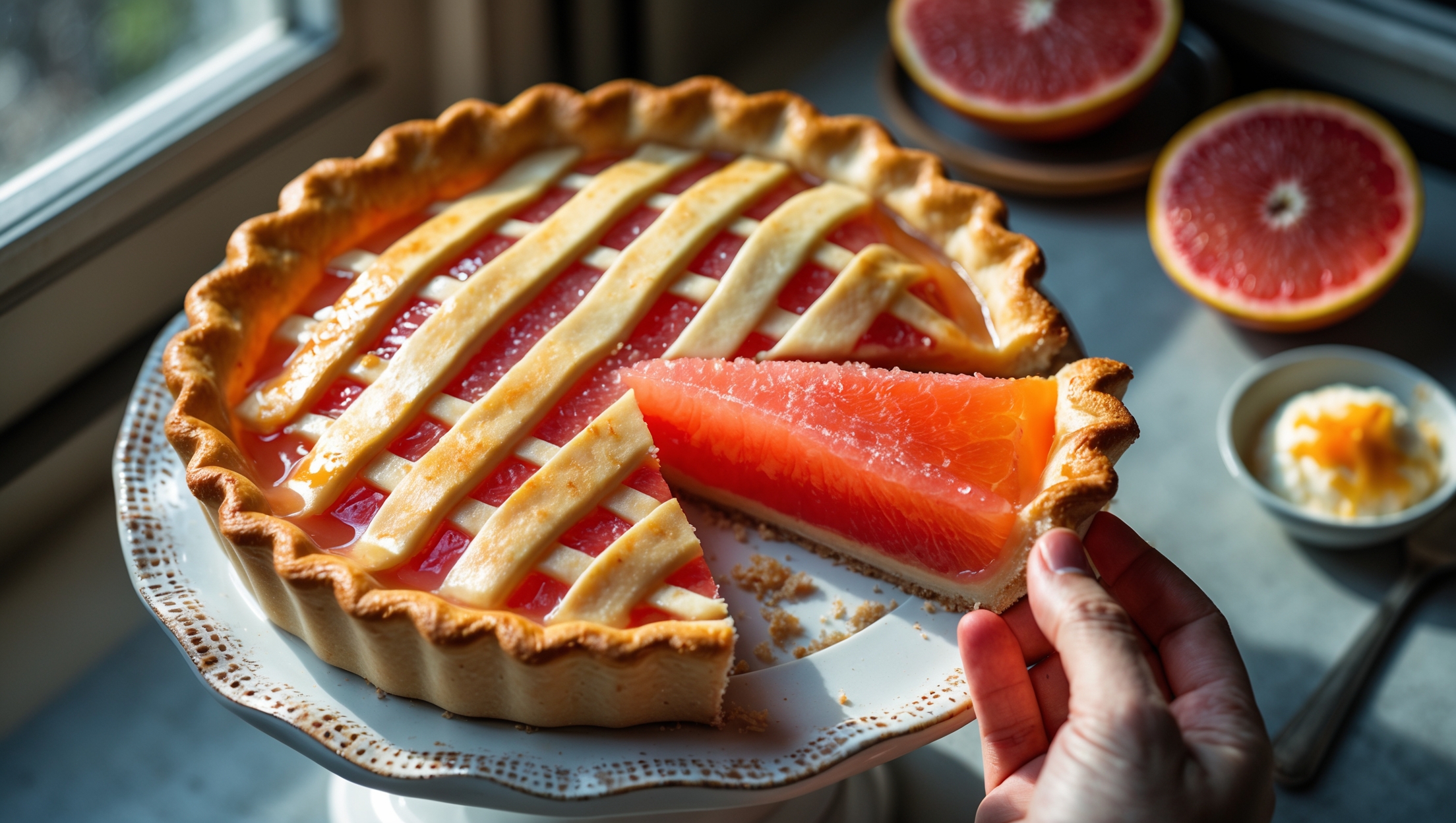An overhead shot of a golden-brown grapefruit pie with a lattice top crust, revealing glimpses of the vibrant pink-orange filling between the woven pastry. The pie sits on a vintage white ceramic stand, with a slice being pulled away to showcase the juicy citrus segments suspended in a glossy, pale pink gel. Soft natural light streams from a nearby window, highlighting the sugar crystals sparkling atop the perfectly baked crust. In the background, a halved ruby grapefruit and a small bowl of zest provide context, while a scoop of vanilla ice cream slowly melts alongside the plated slice, emphasizing the contrast between warm pie and cold accompaniment.