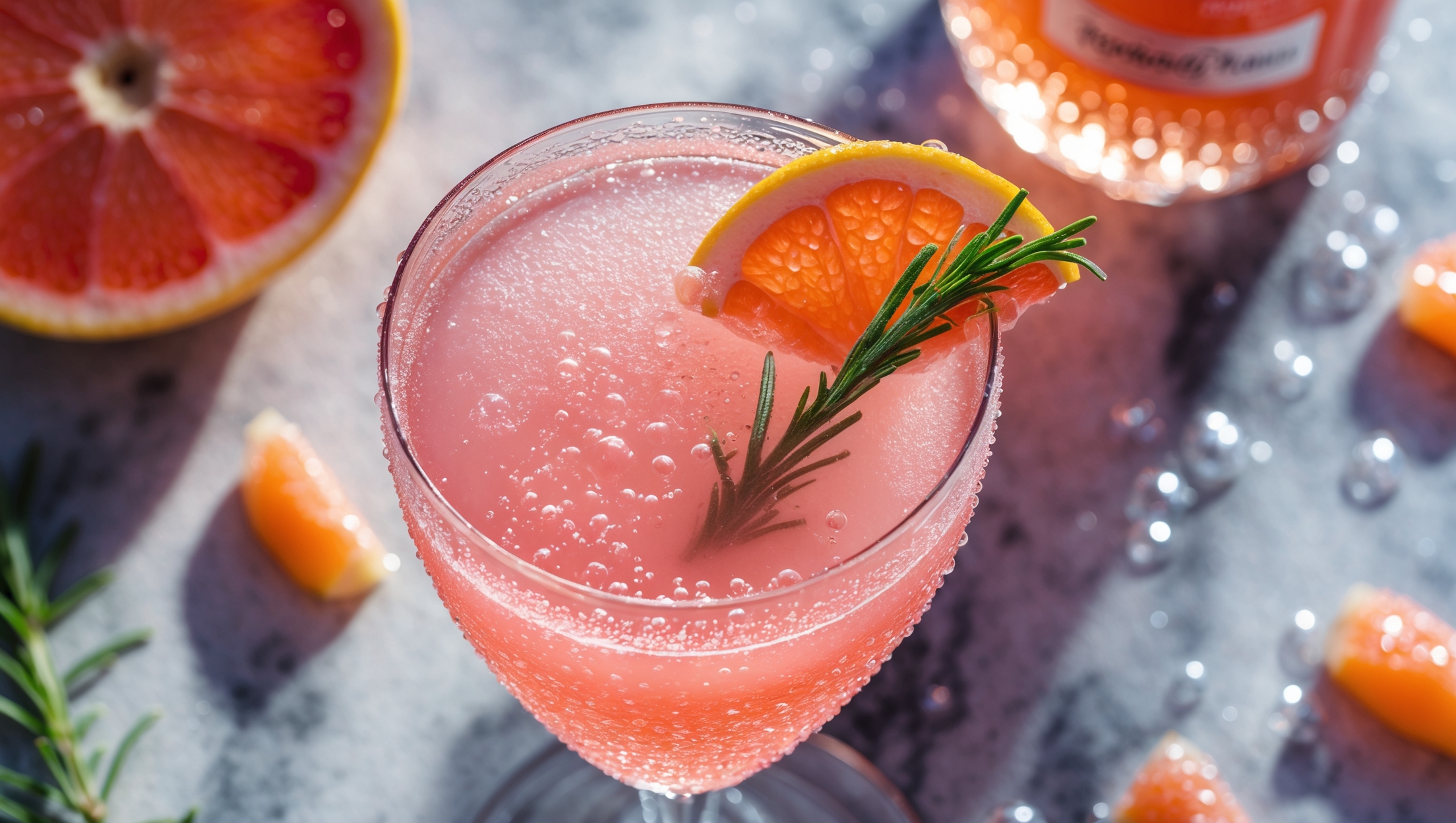 Viewed from above, a crystal champagne flute captures the sunrise-like gradient of this Grapefruit Mimosa – coral pink at the bottom transitioning to a pale blush with effervescent bubbles dancing upward. Bright morning light streams across the scene, illuminating droplets of condensation on the glass. A delicate grapefruit wheel garnish perches on the rim, while a sprig of fresh rosemary adds an aromatic green contrast. The cocktail sits on a marble surface alongside scattered grapefruit segments and a bottle of Prosecco with condensation beading on its surface, suggesting celebration and freshness.