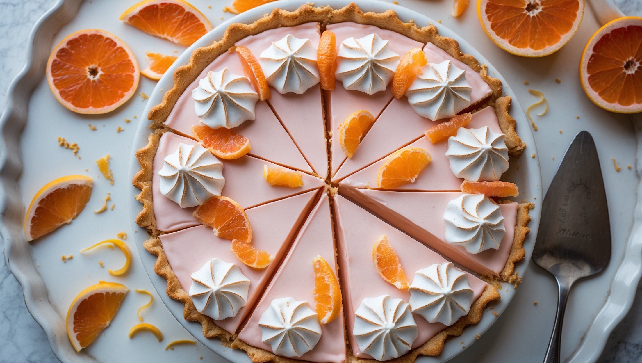 An overhead shot of a perfectly sliced grapefruit cream pie, revealing its pale pink-hued custard filling beneath a cloud of lightly toasted meringue peaks. Captured in soft natural light, the golden shortcrust pastry contrasts beautifully with the vibrant filling. Thin slices of candied grapefruit garnish the top, glistening with syrup. The pie sits on a vintage white ceramic stand, with fresh grapefruit halves and zest scattered artfully around the base, emphasizing the pie's fresh citrus character. A silver pie server rests nearby, ready to lift out a slice revealing the smooth, creamy texture.