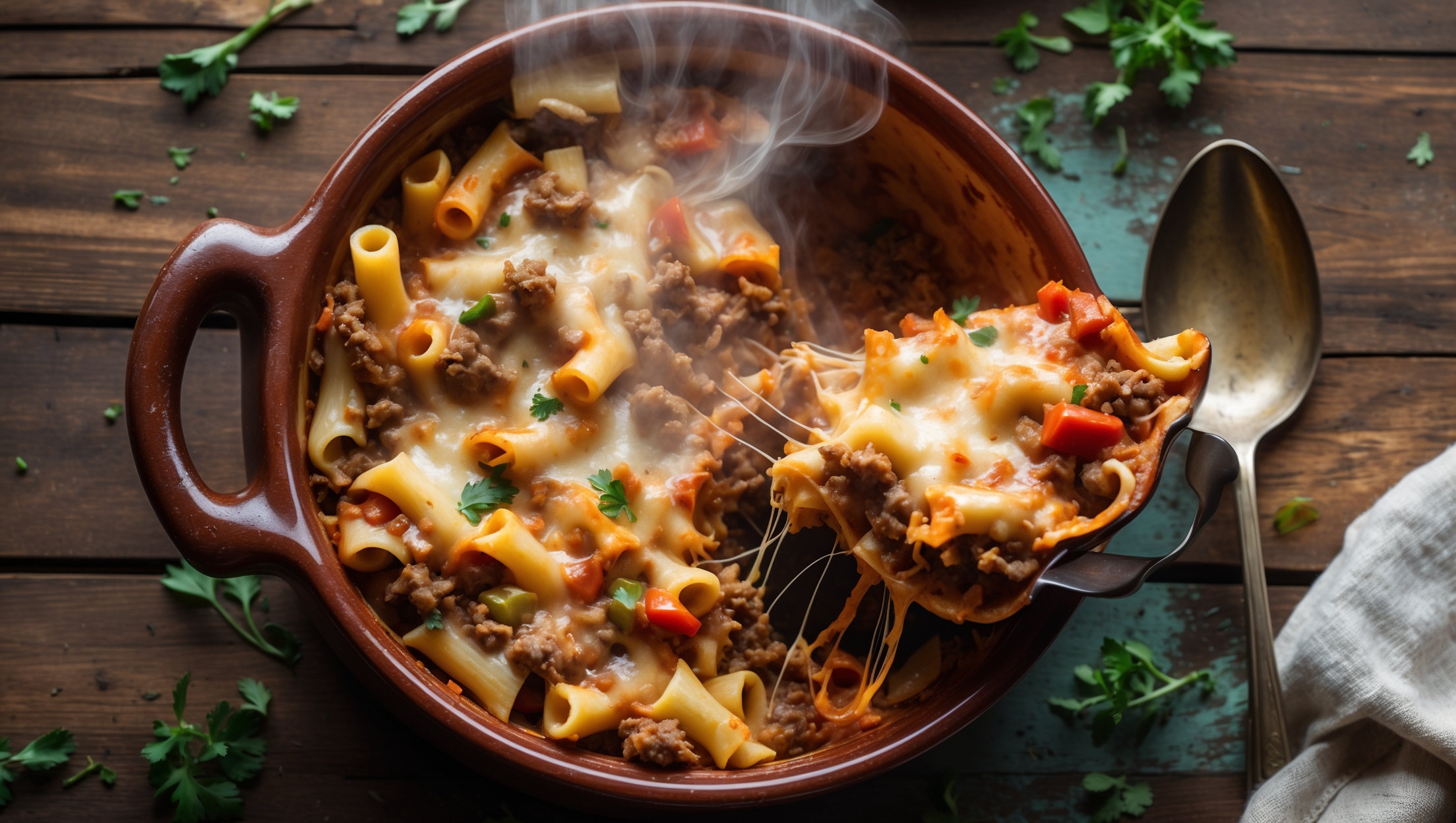 An overhead shot of Grandma's Hamburger Casserole served in a rustic earthenware dish, steam gently rising from its golden cheese-crusted surface. The cross-section reveals layers of pasta, seasoned ground beef, and sautéed vegetables bound in a rich tomato sauce. Photographed in warm natural light against a weathered wooden table, with a vintage serving spoon resting alongside and scattered fresh herbs providing vibrant color contrast. The melted cheese pulls into tempting strings as a portion is lifted, showcasing the casserole's perfect consistency – not too dry, not too saucy – with bits of caramelized cheese around the edges speaking to its time in the oven.