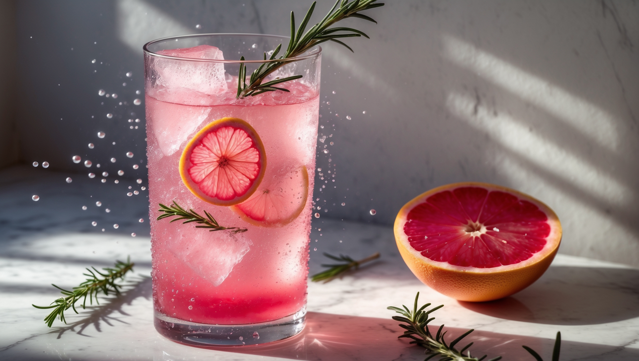 An elegant highball glass filled with a gradient pink-hued mocktail, ice cubes catching natural daylight as they suspend thin slices of ruby red grapefruit. Bubbles rise dramatically through the liquid while a sprig of fresh rosemary emerges as a garnish, its oils visibly releasing across the surface. The condensation-beaded glass sits on a light marble surface beside a halved grapefruit and scattered rosemary sprigs, with warm afternoon light creating dramatic shadows and highlighting the drink's effervescent nature.