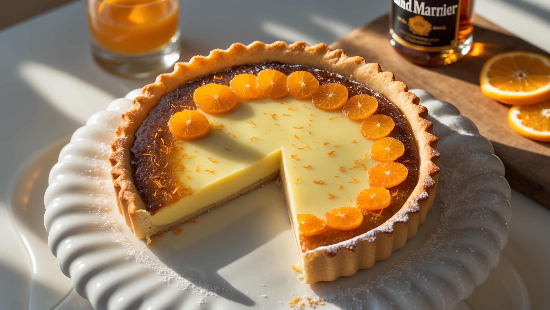 An overhead shot of a golden-brown Grand Marnier Custard Tart resting on an antique white ceramic cake stand. Soft afternoon light streams across the scene, highlighting the tart's glistening, just-set custard surface with delicate caramelization around the edges. A cross-section view reveals the clear distinction between the crisp, buttery pastry and the smooth, pale yellow custard filling speckled with orange zest. Thinly sliced candied orange rounds garnish one edge of the tart, while a light dusting of powdered sugar creates contrast against the custard's amber hue. In the background, a snifter of Grand Marnier and fresh orange segments on a wooden board complement the tart's sophisticated flavor profile.