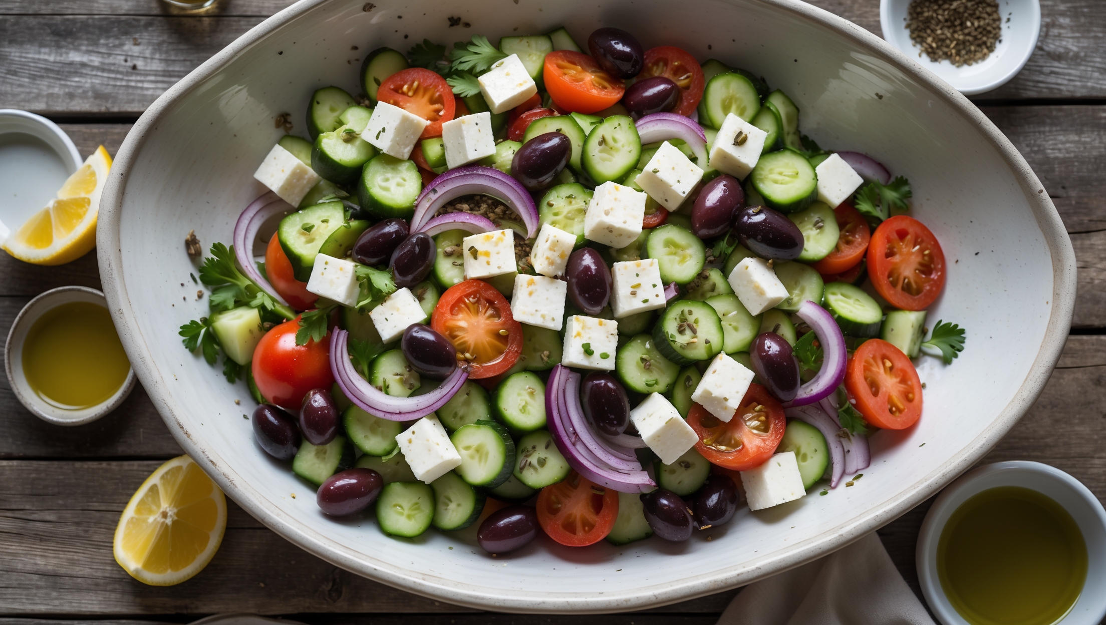 An overhead shot of a vibrant Greek salad served in a wide, shallow white ceramic bowl against a rustic wooden table. Crisp cucumber chunks, quartered Roma tomatoes, and rings of red onion create a colorful foundation, while creamy white cubes of feta cheese rest prominently on top. Black Kalamata olives are scattered throughout, their deep purple-black providing striking contrast against the bright vegetables. The entire salad glistens with a drizzle of extra virgin olive oil, with flecks of dried oregano and fresh parsley visible. A wedge of lemon sits on the side of the bowl, ready to be squeezed, and small dishes of extra olive oil and vinegar sit nearby. The soft natural light streaming in from a nearby window highlights the fresh, inviting textures and the traditional Greek color palette of white, red, green, and black.