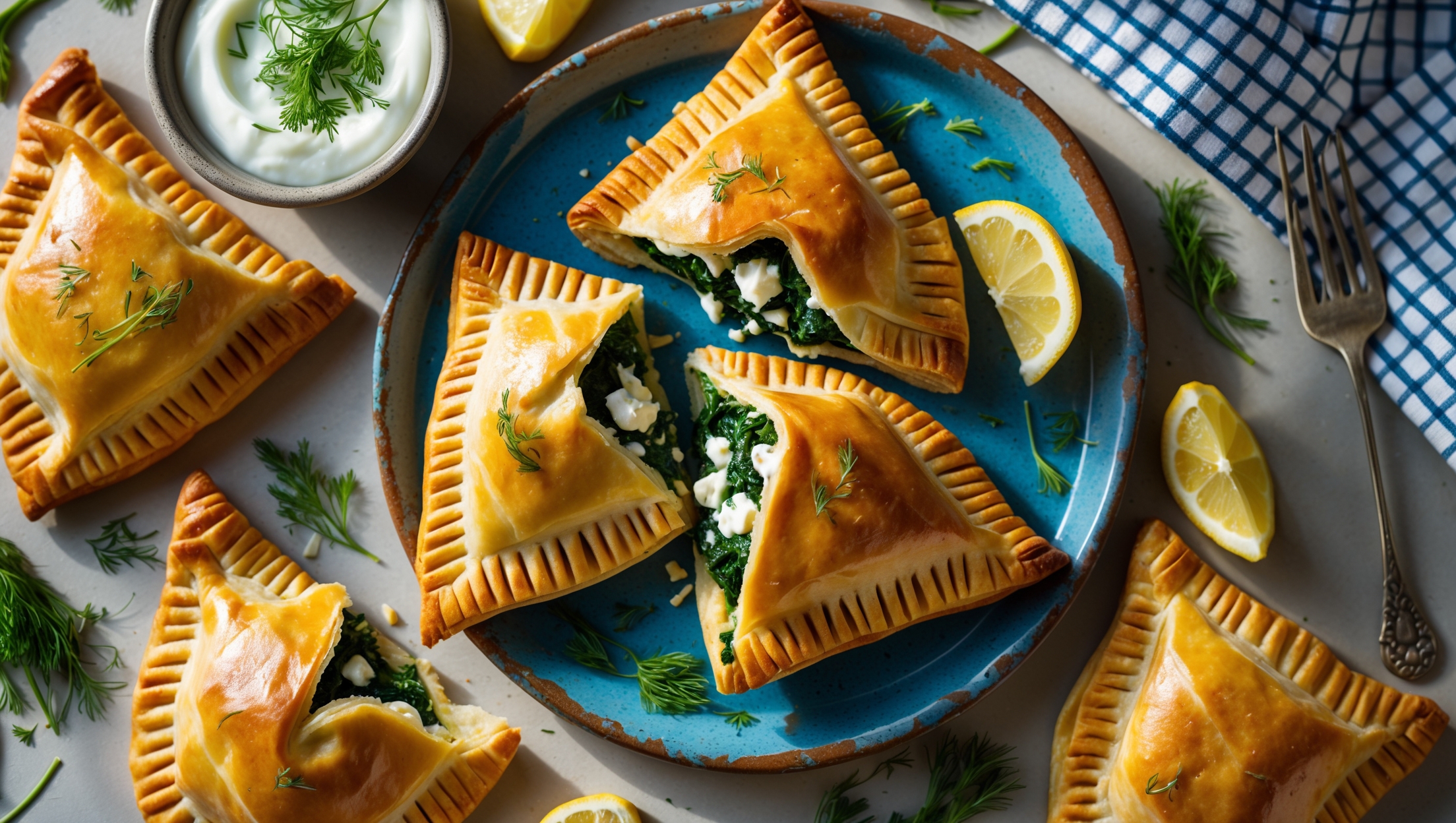 An overhead shot of golden-brown triangular hand pies arranged on a rustic blue ceramic platter, with one pie broken open to reveal the vibrant green spinach and white feta filling. Soft natural light streams across the scene, highlighting the flaky, multi-layered pastry that glistens with a light brush of olive oil. A small bowl of Greek yogurt garnished with fresh dill sits alongside, while scattered fresh herbs and lemon wedges add bright pops of color. In the background, a checked cloth napkin and vintage fork complete the Mediterranean tabletop scene, creating a warm, inviting atmosphere that showcases these hand-held savory treats.