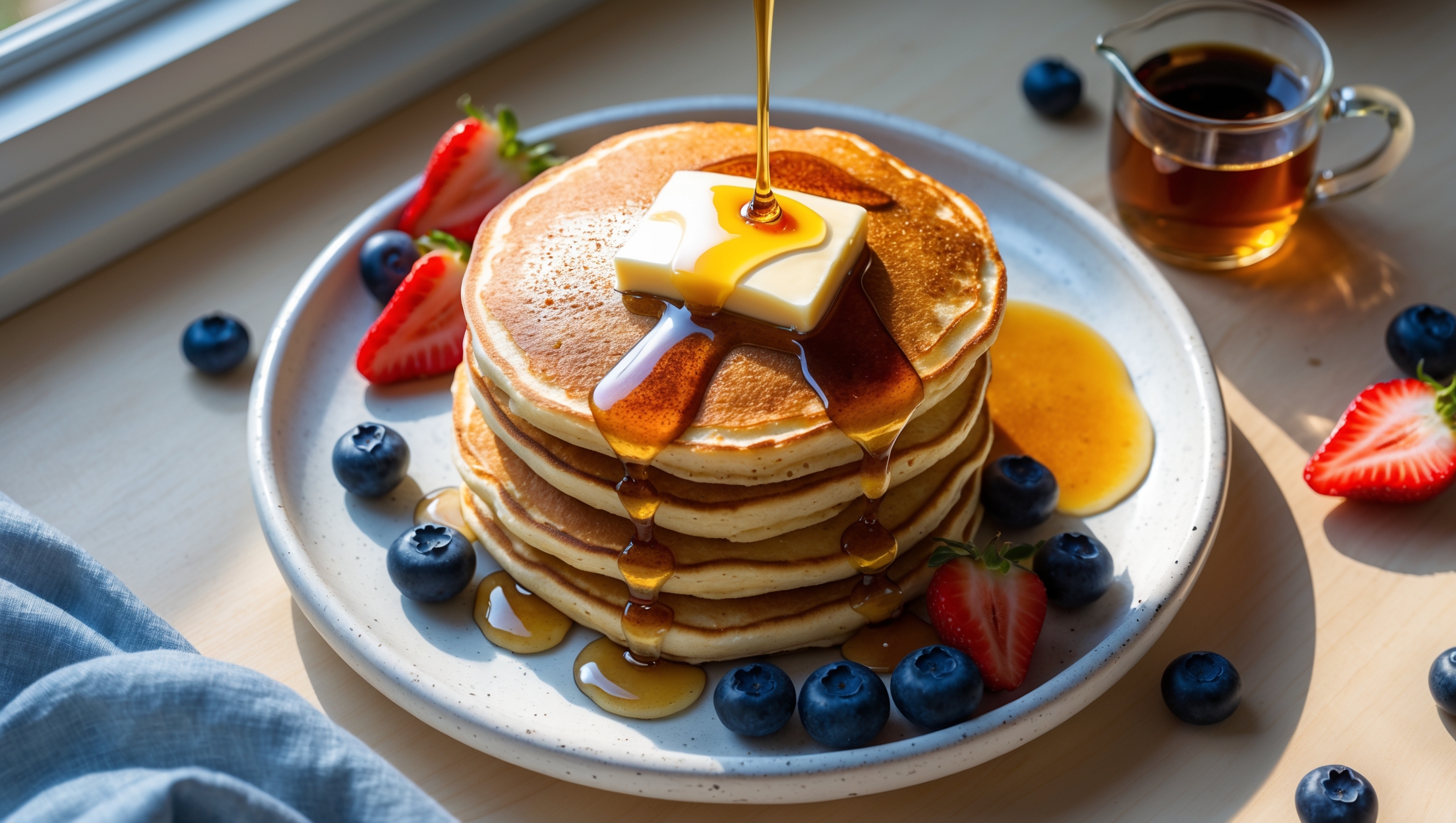 An overhead shot of a stack of three golden-brown Greek yogurt pancakes on a white ceramic plate, with maple syrup cascading down the sides. A pat of melting butter crowns the stack, creating glossy rivers that pool at the plate's edge. Scattered fresh blueberries and sliced strawberries add vibrant color contrast against the warm-toned pancakes. The scene is captured in soft morning light streaming through a window, highlighting the pancakes' fluffy texture and slight dimples. A small glass pitcher of additional maple syrup and a steaming cup of coffee sit alongside, completing this inviting breakfast tableau on a light wooden table with a folded blue linen napkin.