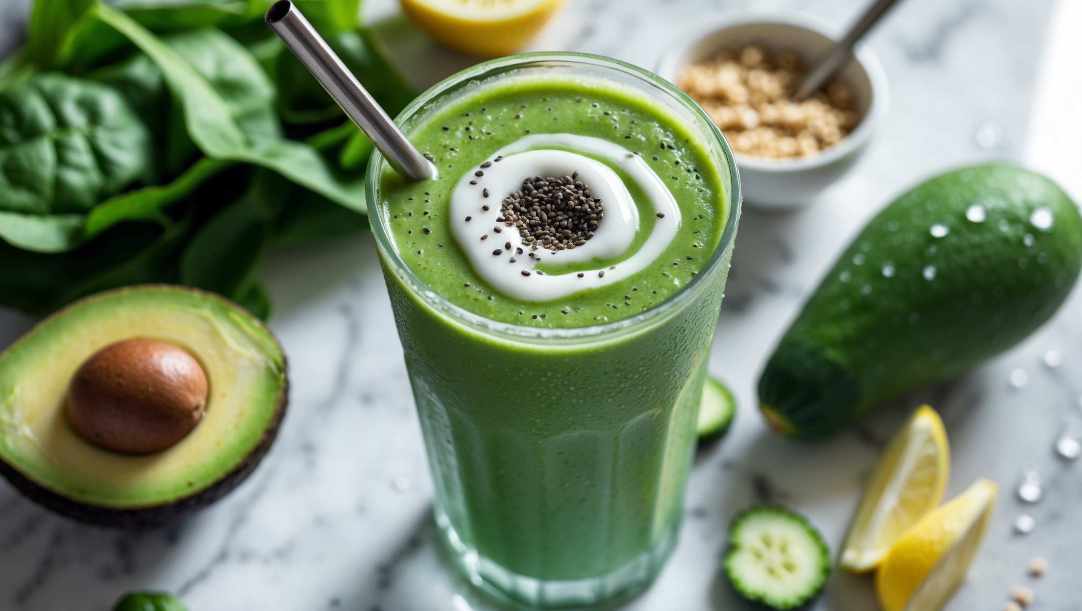 An overhead shot of a tall, frosted glass filled with a velvety, jade-green smoothie, capturing its silky-smooth texture and vibrant hue. Soft natural light streams through, highlighting swirls of coconut yogurt on top and a sprinkle of chia seeds adding subtle texture. The smoothie sits on a light marble countertop surrounded by fresh ingredients—spinach leaves, half an avocado, cucumber slices, and lemon wedges—creating visual context for the recipe's fresh components. A metal straw tilts from the glass, and droplets of condensation suggest refreshing coolness, while a small bowl of granola sits nearby for serving suggestions.