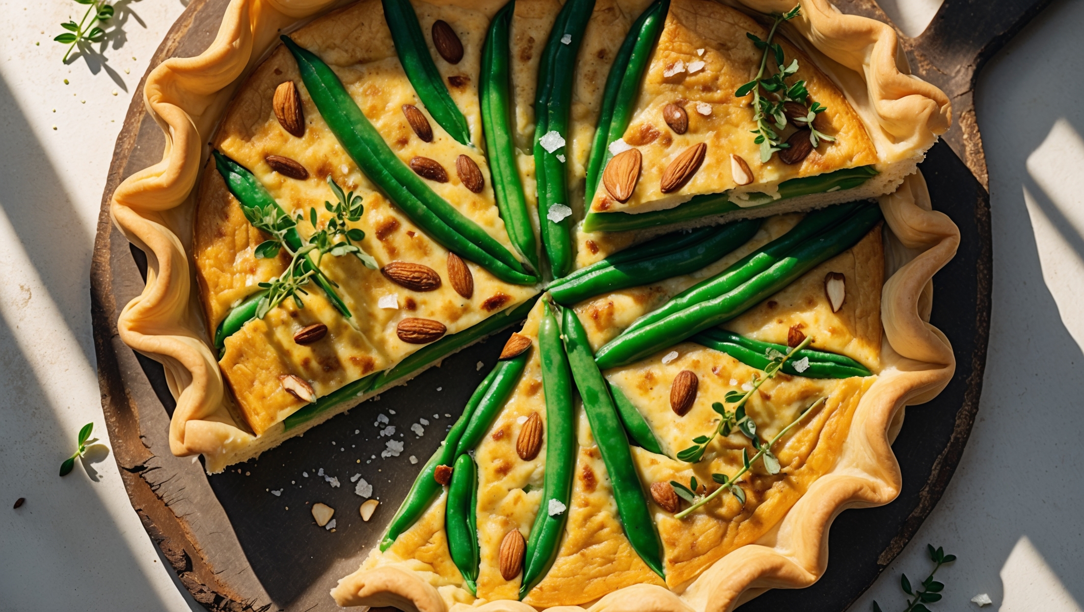 An overhead shot of the Green Bean and Almond Quiche reveals a golden-brown pastry crust with elegantly crimped edges. The cross-section displays layers of bright green beans nestled in a rich, custard filling speckled with toasted almond slivers. Soft natural light streams across the quiche, highlighting its moist, just-set center and the glossy sheen of the top. The quiche rests on a weathered wooden board, garnished with fresh thyme sprigs and a scattering of sea salt flakes, with a slice removed to showcase the perfect custard texture that holds its shape without being overly firm.