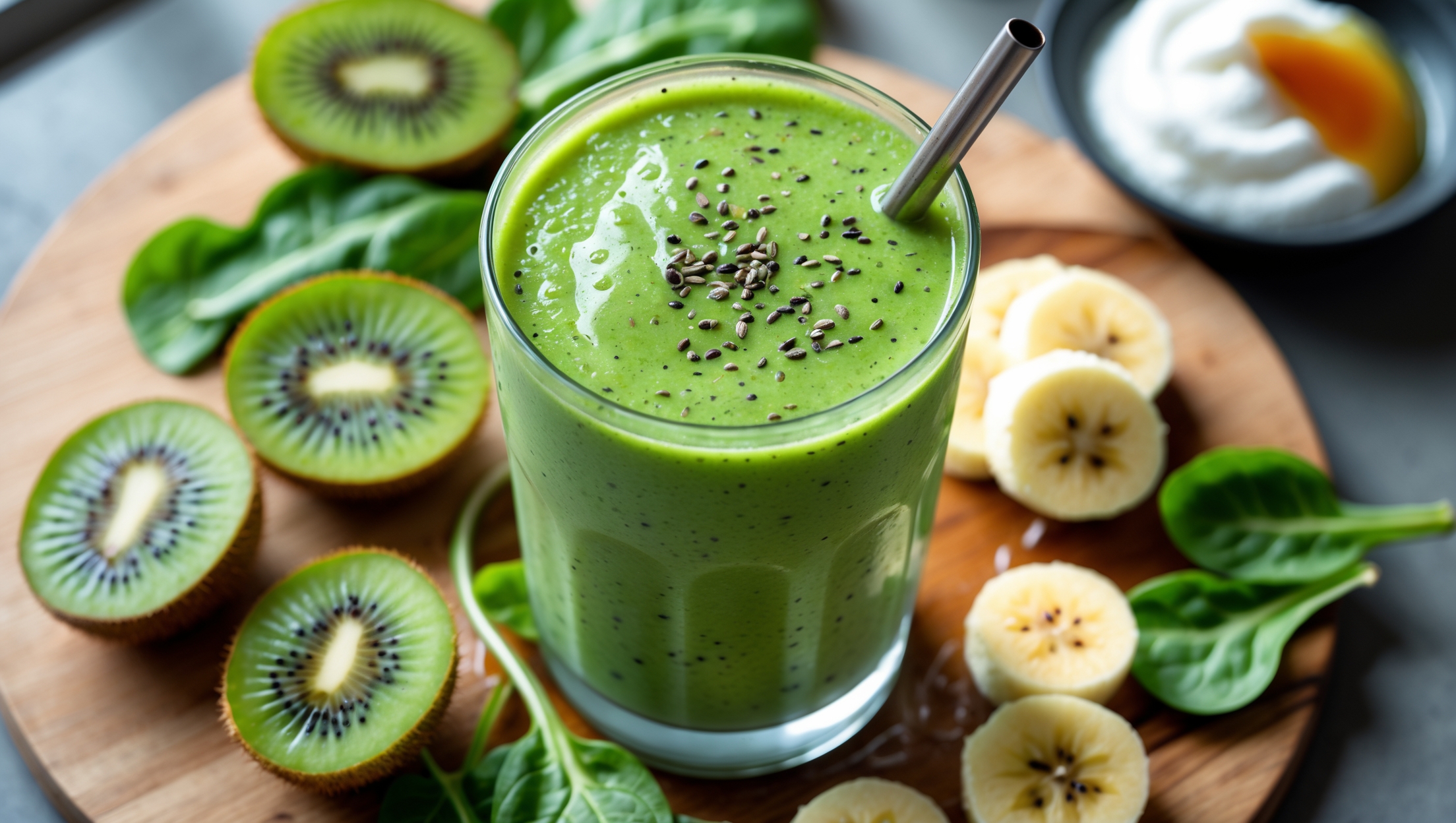 An overhead shot of a tall glass filled with vibrant green smoothie, showcasing its silky texture with tiny kiwi seed specks visible throughout. A wooden board displays sliced kiwi fruits, baby spinach leaves, and banana chunks alongside the glass. Natural morning light streams in, highlighting the smoothie's jewel-tone green color. A metal straw with droplets of condensation sits in the glass, while a light sprinkle of chia seeds decorates the smoothie's surface, suggesting healthy indulgence. The styling includes a small bowl of Greek yogurt and honey in the background, completing the breakfast scene.