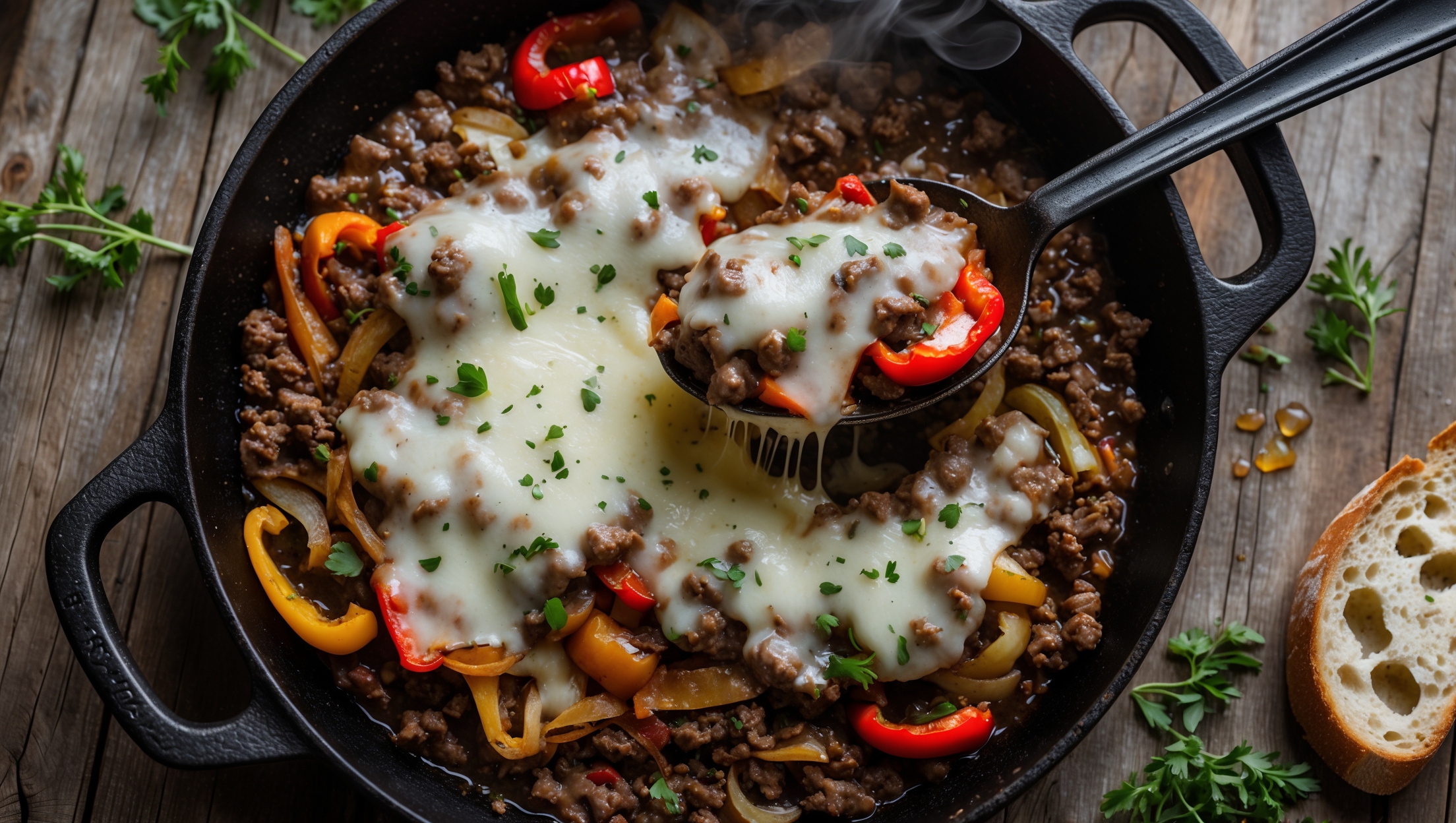 An overhead shot of a rustic cast-iron skillet filled with sizzling ground beef, colorful bell peppers, and caramelized onions, all blanketed with melted cheese that stretches when lifted with a serving spoon. The skillet sits on a weathered wooden table, with soft natural light highlighting the steam rising from the dish. Fresh herbs are scattered around the edges, adding vibrant green accents against the rich browns and reds of the beef mixture. A slice of crusty bread appears at the edge of the frame, ready to scoop up the savory filling, while droplets of juice glisten on the surface, emphasizing the dish's moist, flavorful character.