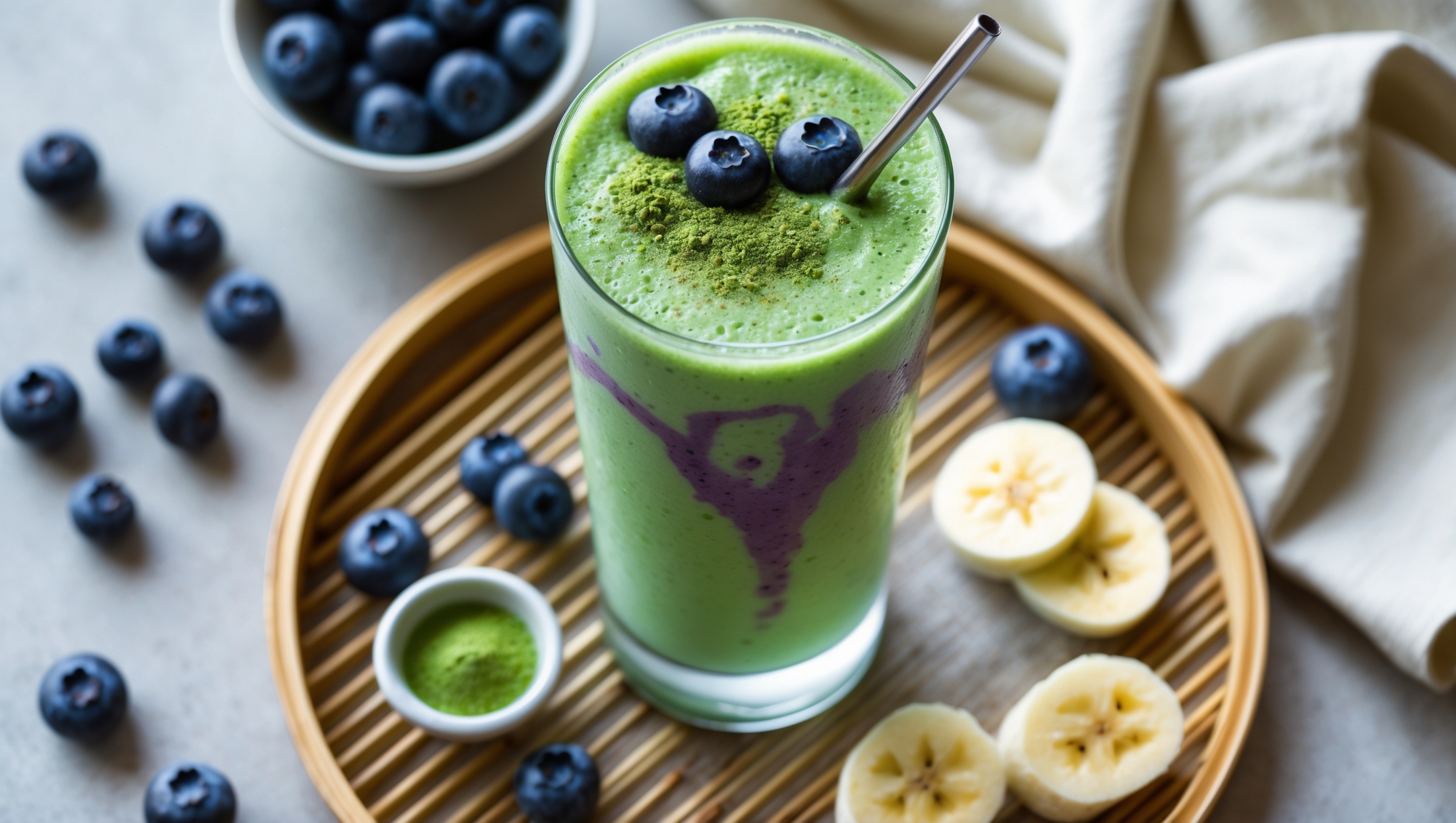 An overhead shot of a tall glass filled with a vibrant jade-green smoothie with subtle purple swirls, captured in soft morning light. The glass sits on a light bamboo tray alongside scattered fresh blueberries, banana slices, and a small ceramic dish of bright green matcha powder. A metal straw with a slight angle pierces the smoothie's frothy top, which is garnished with a few whole blueberries and a delicate sprinkle of matcha. Beside the glass, a folded linen napkin in cream adds texture, while a hint of condensation on the glass suggests refreshing coolness.