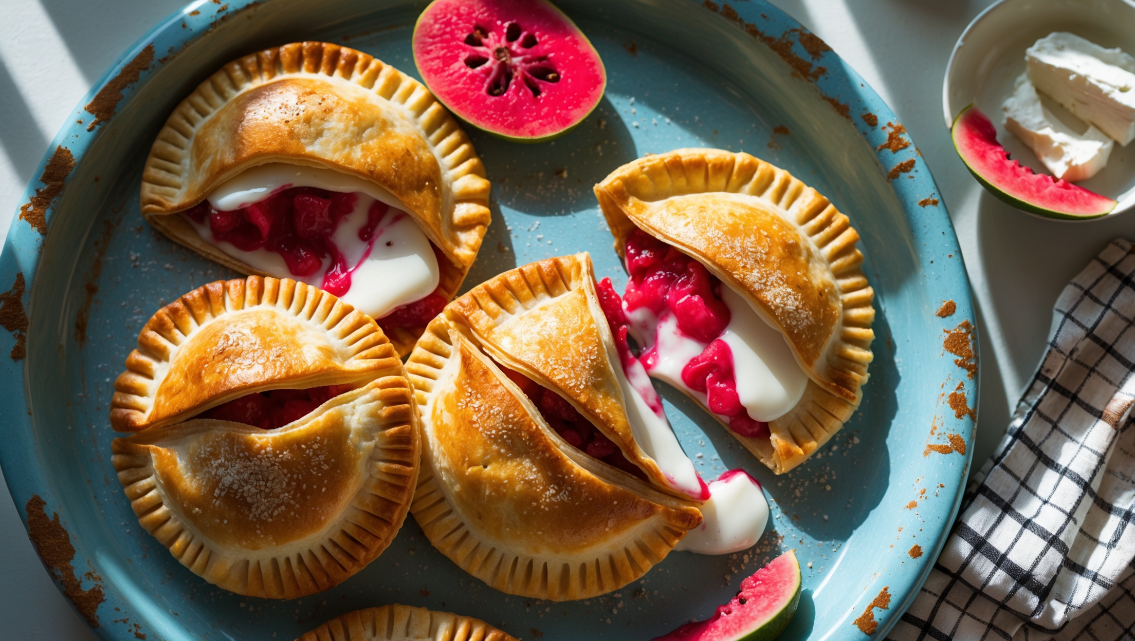 An overhead shot of golden-brown hand pies arranged on a distressed blue ceramic platter, with one pie broken open to reveal the vibrant ruby-red guava filling and melted white cheese oozing slightly. The pastry showcases perfectly crimped edges and a light dusting of sparkling sugar that catches the soft natural light streaming through a nearby window. Scattered fresh guava slices and a small bowl of cream cheese add context, while a checkered linen napkin adds rustic charm to the composition. Close-up details highlight the layers of flaky pastry and the striking contrast between the tropical pink filling and the creamy white cheese.