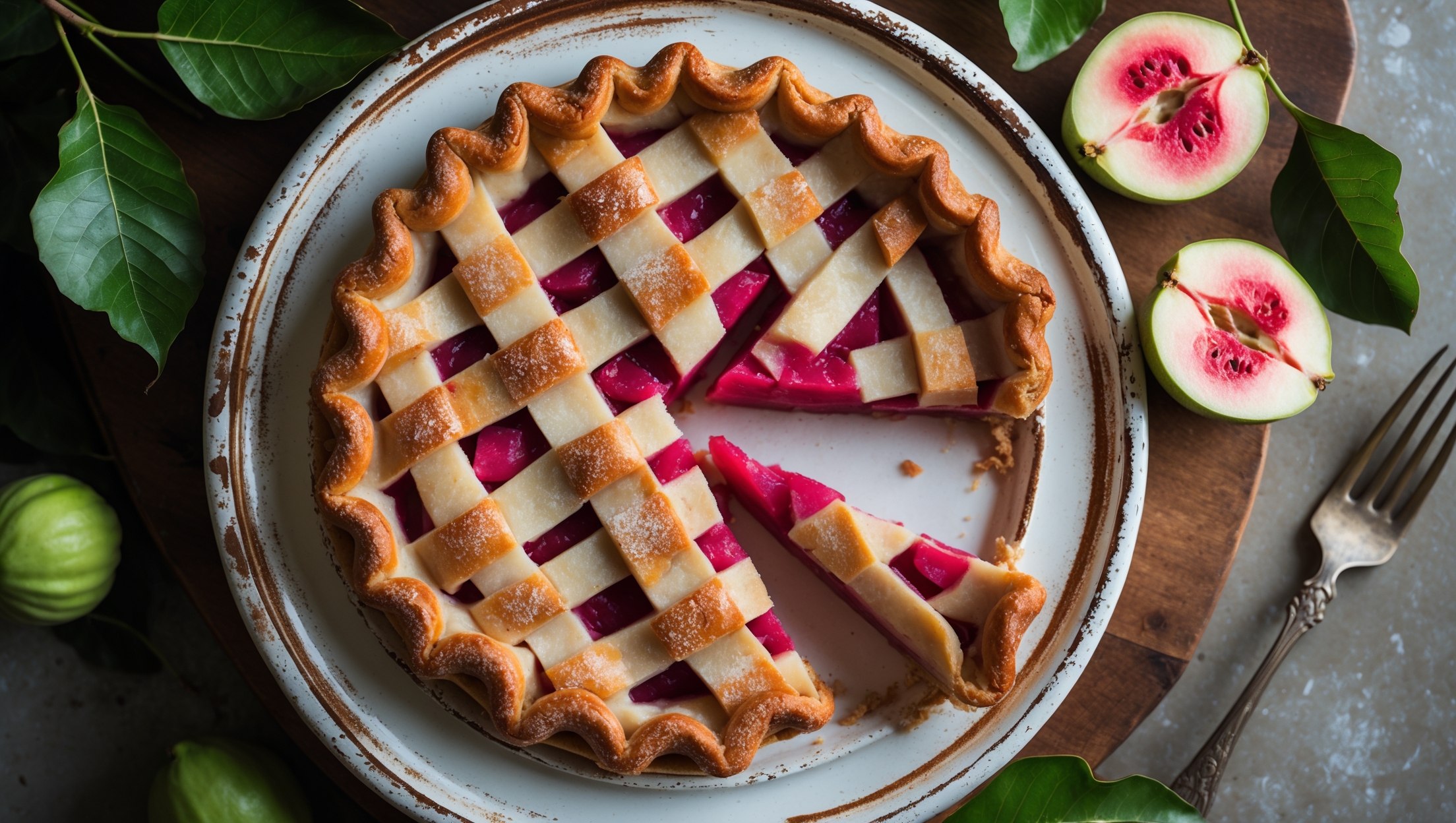 An overhead shot of a lattice-topped guava pie with vibrant pink filling peeking through the golden-brown crust, placed on a distressed white ceramic cake stand. Soft natural light streams across the scene, highlighting the glistening sugar crystals atop the perfectly bronzed pastry. A cross-section slice reveals the luscious ruby-colored guava filling with visible fruit pieces. Fresh guava halves and green leaves are artfully scattered around the wooden serving board, while a vintage fork rests beside a slice, revealing the flaky layers of the perfectly baked crust.
