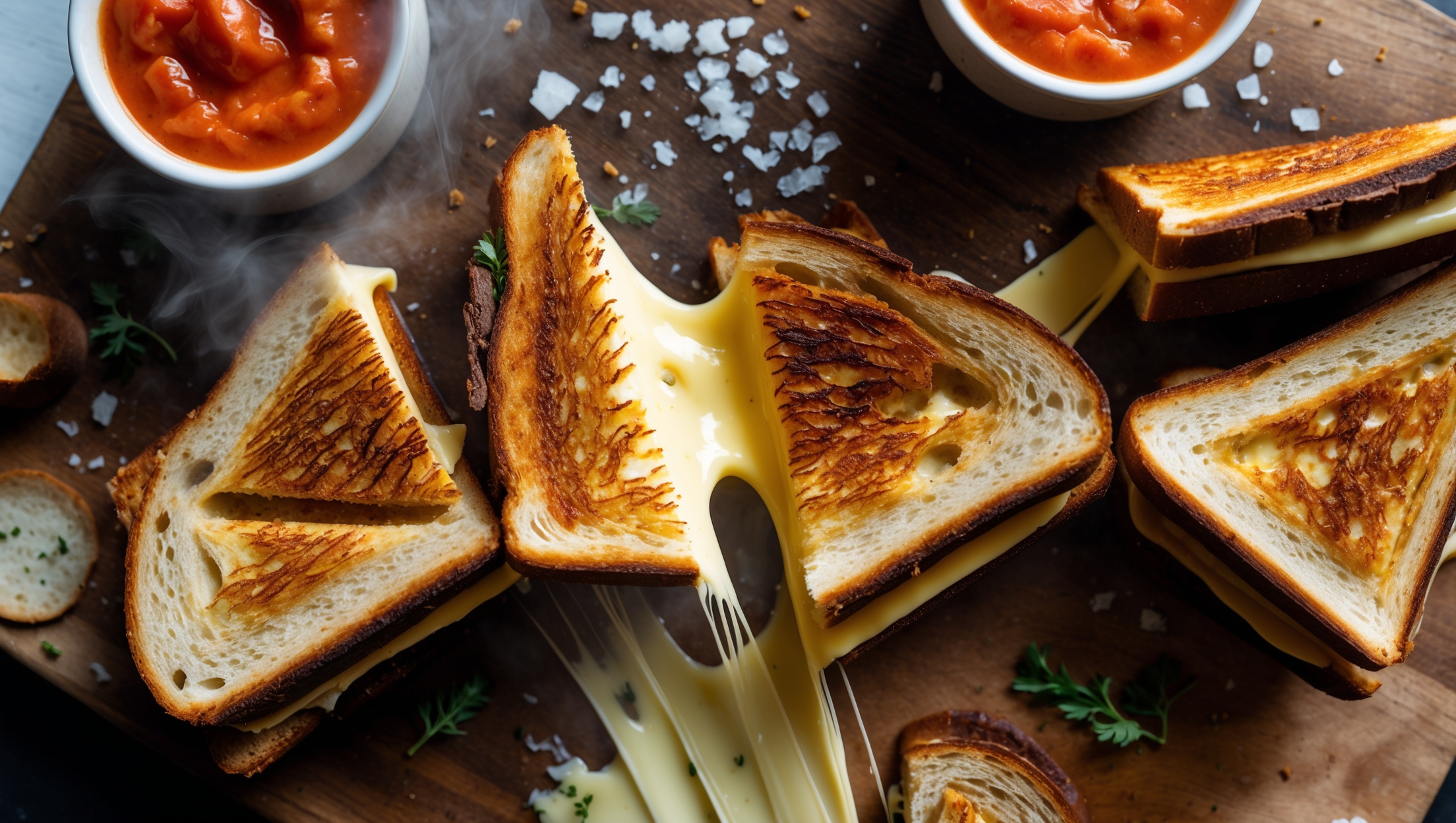 Overhead shot of perfectly grilled cheese sandwiches cut diagonally, revealing long, mesmerizing cheese pulls stretching between the halves. Natural window light highlights the golden-brown, crispy exterior with visible butter shimmer and light char marks. Close-up details show the contrasting textures between the crunchy, toasted sourdough exterior and the creamy, molten cheese center. Styled on a rustic wooden board with scattered flaky sea salt and fresh herbs, alongside small ramekins of tomato soup for dipping. Steam rises gently from the hot sandwich, emphasizing its fresh-off-the-griddle appeal.