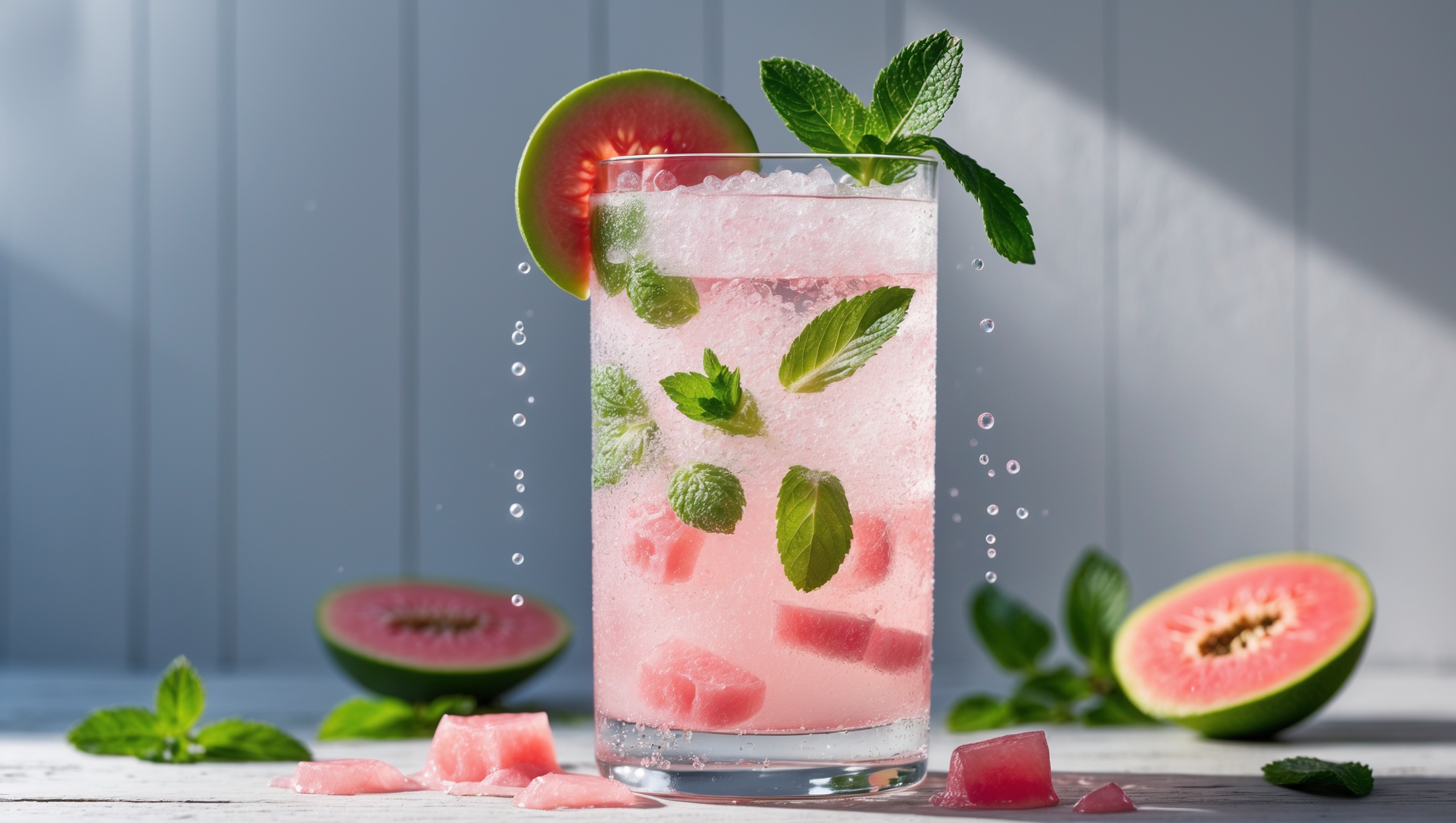 A tall, clear highball glass showcases layers of soft pink guava-infused liquid with fresh mint leaves suspended throughout. Crushed ice glistens under bright natural daylight, creating a frosty exterior on the glass. A generous mint sprig and thin guava slice garnish the rim, while small bubbles rise through the drink from the sparkling water addition. The drink sits on a light wooden surface with scattered fresh guava chunks and mint leaves surrounding the base, highlighting the key ingredients. Dew-like condensation forms on the outside of the glass, emphasizing the drink's refreshing, cool nature.