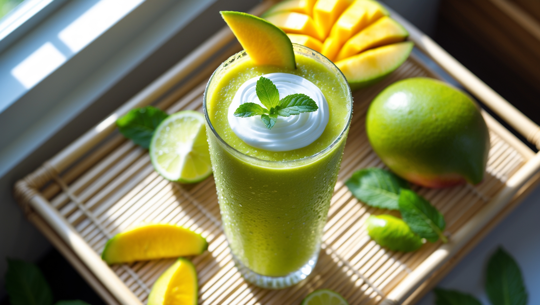 An overhead shot of a tall, frosted glass filled with a vibrant yellow-green smoothie, topped with a swirl of coconut cream and garnished with a thin slice of green mango and a sprig of mint. The smoothie's texture appears silky and thick, capturing sunlight streaming through a nearby window. The glass sits on a light bamboo tray surrounded by fresh green mangoes, lime wedges, and scattered mint leaves, with a natural rattan placemat adding tropical warmth. Droplets of condensation on the glass suggest refreshing coolness, while the contrasting colors of bright mango and deep green mint create an eye-catching tropical presentation.