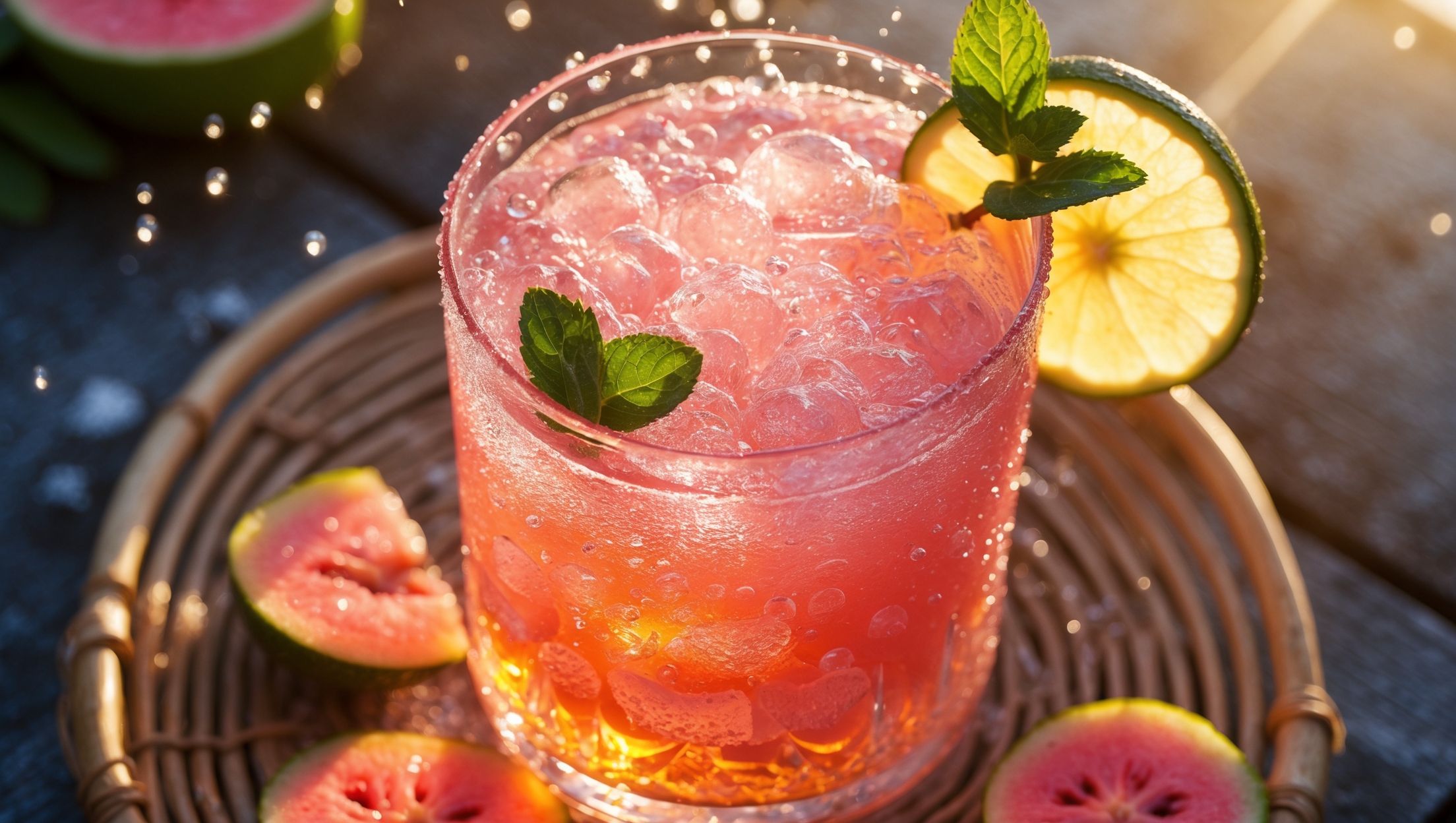 An overhead shot of a Collins glass filled with a blushing coral-pink Guava Rum Fizz, condensation beading on the crystal-clear glass. Golden hour sunlight streams through, highlighting layers of vibrant guava nectar and amber rum beneath a crown of fine, persistent bubbles. A lime wheel garnish rests on the rim alongside a fresh mint sprig that casts delicate shadows across the drink's surface. Crushed ice is visible through the glass, creating a beautiful gradient effect as the colorful drink melts into it. The cocktail sits on a natural rattan coaster, surrounded by fresh guava slices and a small bowl of raw sugar, evoking the feeling of a sophisticated beach bar at sunset.