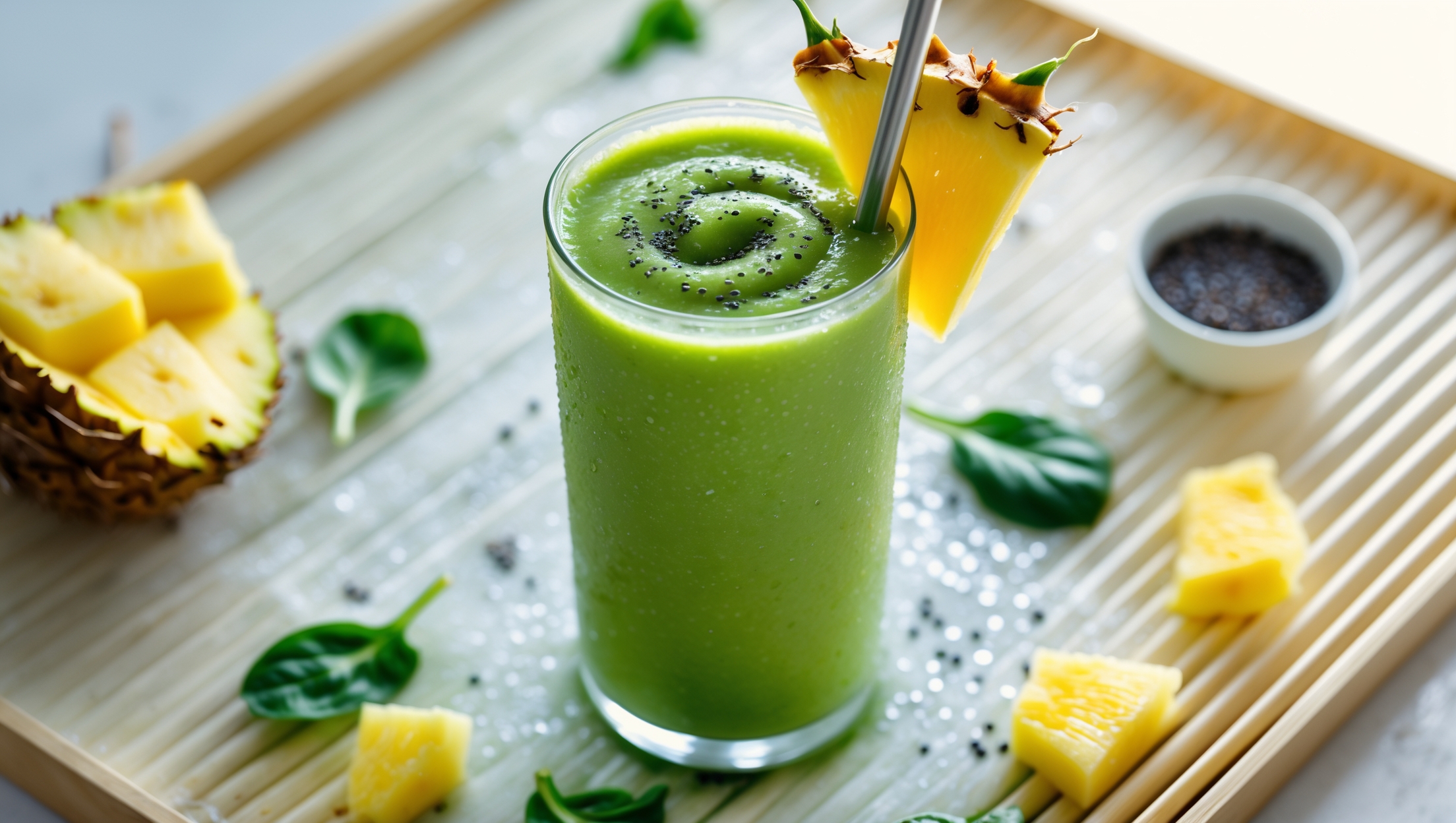 An overhead shot of a vibrant green smoothie in a tall clear glass, showcasing its smooth, velvety texture. A cross-section view reveals the perfect consistency - thick enough to hold a metal straw upright. Bathed in soft morning light, the glass sits on a light bamboo tray scattered with fresh pineapple chunks, coconut flakes, and a few baby spinach leaves. Condensation beads on the outside of the glass hint at its refreshing coolness, while a small white dish of chia seeds and a sliver of pineapple garnishing the rim add visual interest. The color gradient shifts from emerald green to a lighter hue where coconut cream swirls at the top.