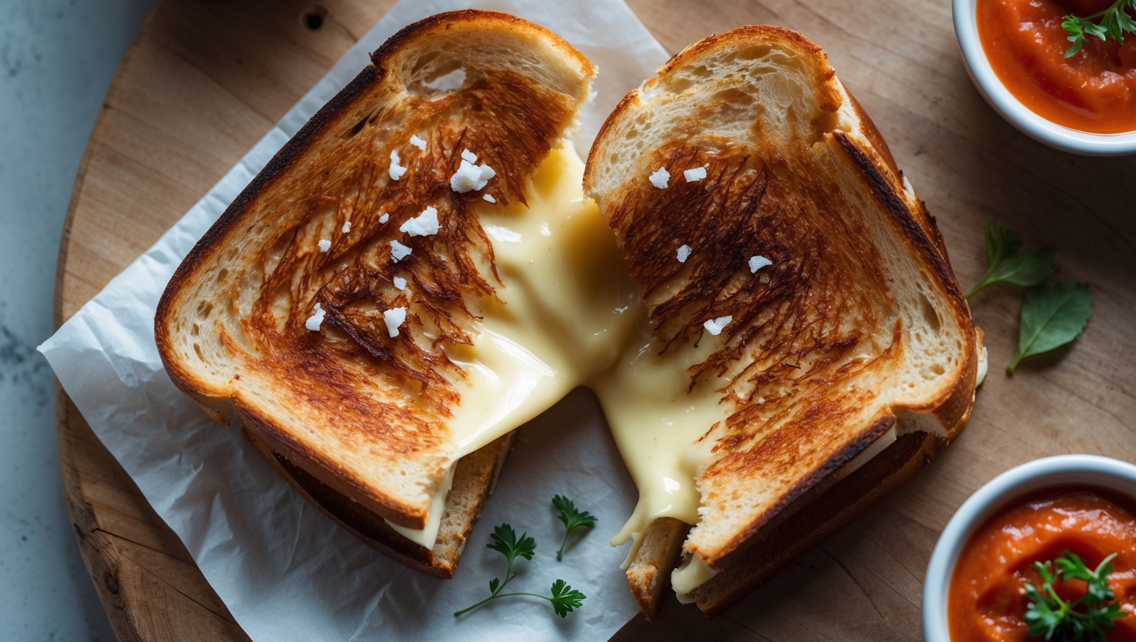 An overhead shot capturing a grilled cheese sandwich cut diagonally to reveal an irresistible cheese pull stretching between the two halves. The bread appears perfectly toasted to a rich golden-brown with visible butter marks, while the melted cheese oozes invitingly. Photographed in soft natural light on a rustic wooden board with small ramekins of tomato soup visible in the corner, creating a vibrant color contrast. A light sprinkling of flaky salt is visible on the crust, with a few fresh herbs scattered artfully nearby, enhancing the homemade appeal of this elevated comfort food classic.