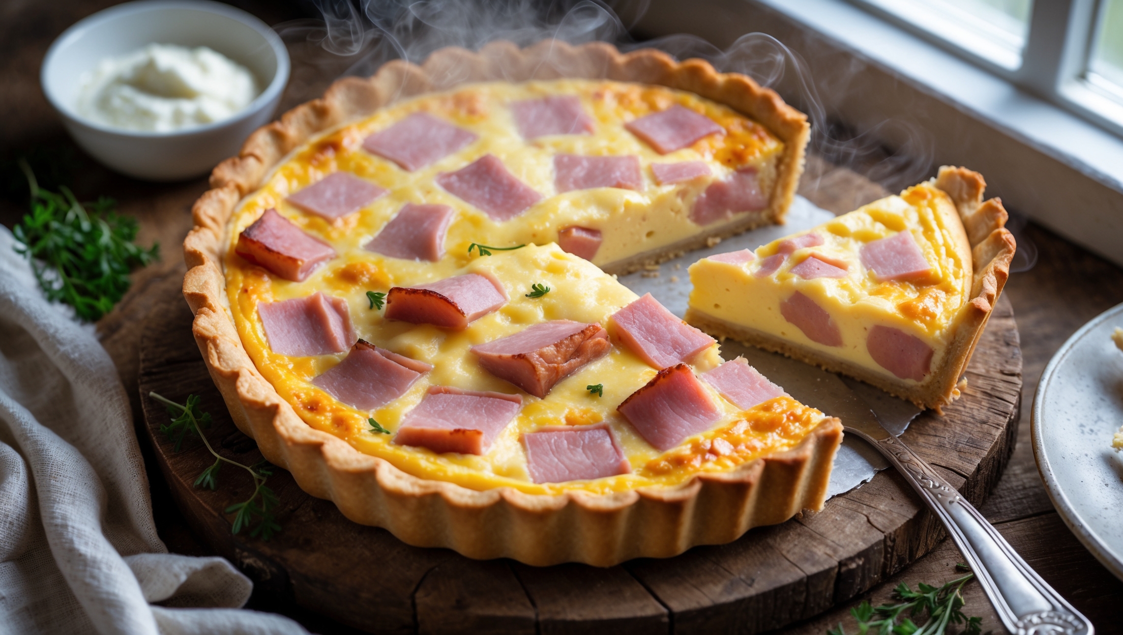 An overhead shot of the golden-brown Ham and Cheese Quiche showcasing its perfectly set custard filling with visible pieces of pink ham and pockets of melted cheese. A slice has been removed, revealing the quiche's creamy interior and flaky crust layers. The quiche sits on a rustic wooden board, photographed in soft natural light streaming through a nearby window. Fresh herbs are scattered around the board, alongside a small bowl of crème fraîche and a vintage cake server. Steam gently rises from the warm slice, emphasizing the quiche's freshly baked quality and inviting aroma.
