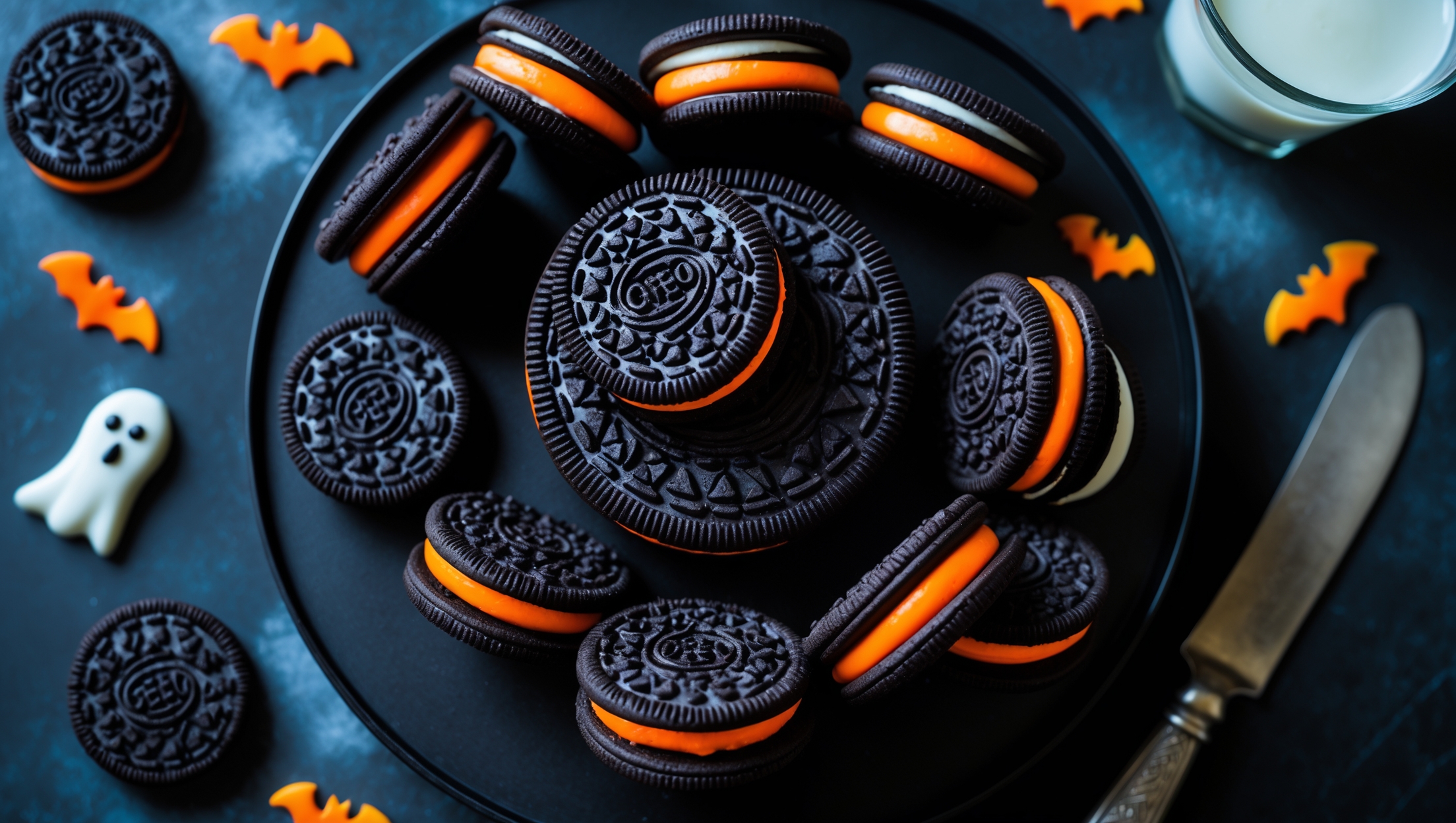 An overhead shot of black chocolate Halloween Oreo sandwich cookies arranged in a spiral pattern on a matte black cake stand. The cookies' bright orange cream filling peeks out enticingly between the dark wafers, creating a striking color contrast. Several cookies are stacked to showcase the layers, while a few are broken in half to reveal the smooth, creamy center. Tiny sugar ghost and bat decorations are scattered around, and the scene is lit with soft, slightly blue-toned light that creates subtle shadows, enhancing the spooky Halloween mood. A vintage silver serving knife rests nearby, and a glass of milk sits just at the edge of the frame.