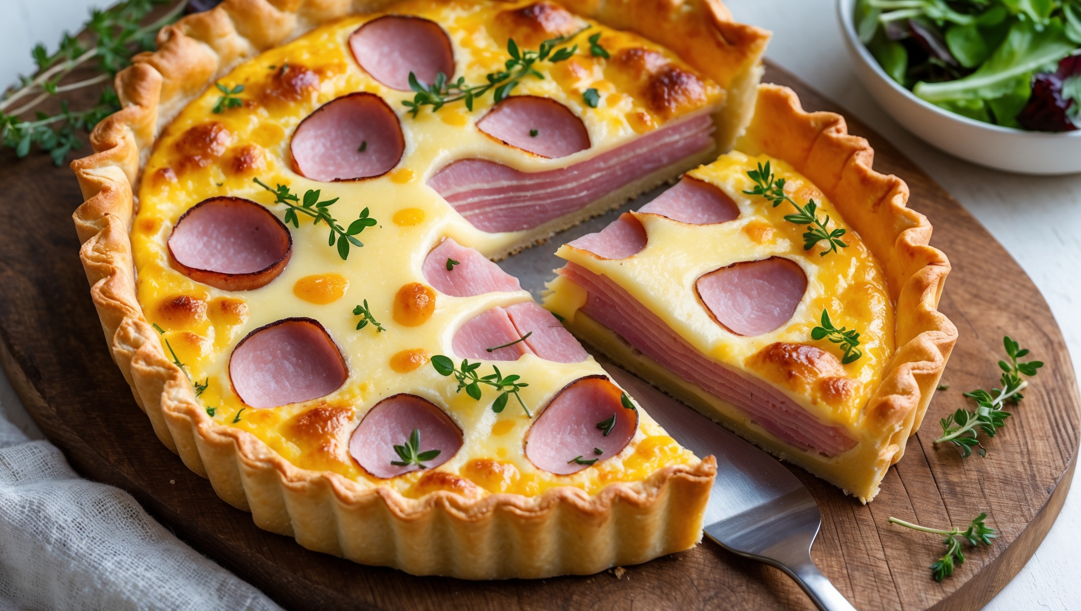 An overhead shot of the golden-brown Ham and Cheese Tart sitting on a rustic wooden serving board, with one slice cut to reveal the perfect layers inside. The pastry edge is crisp and flaky with an appetizing burnished color, while the filling shows beautiful chunks of pink ham nestled in a set custard studded with melted cheese that stretches slightly as the slice is pulled away. Scattered fresh thyme leaves provide vibrant green contrast against the golden surface. Shot in bright natural daylight that accentuates the buttery sheen of the pastry and highlights the colorful filling. A small bowl of dressed salad greens sits nearby, suggesting a perfect lunch pairing.