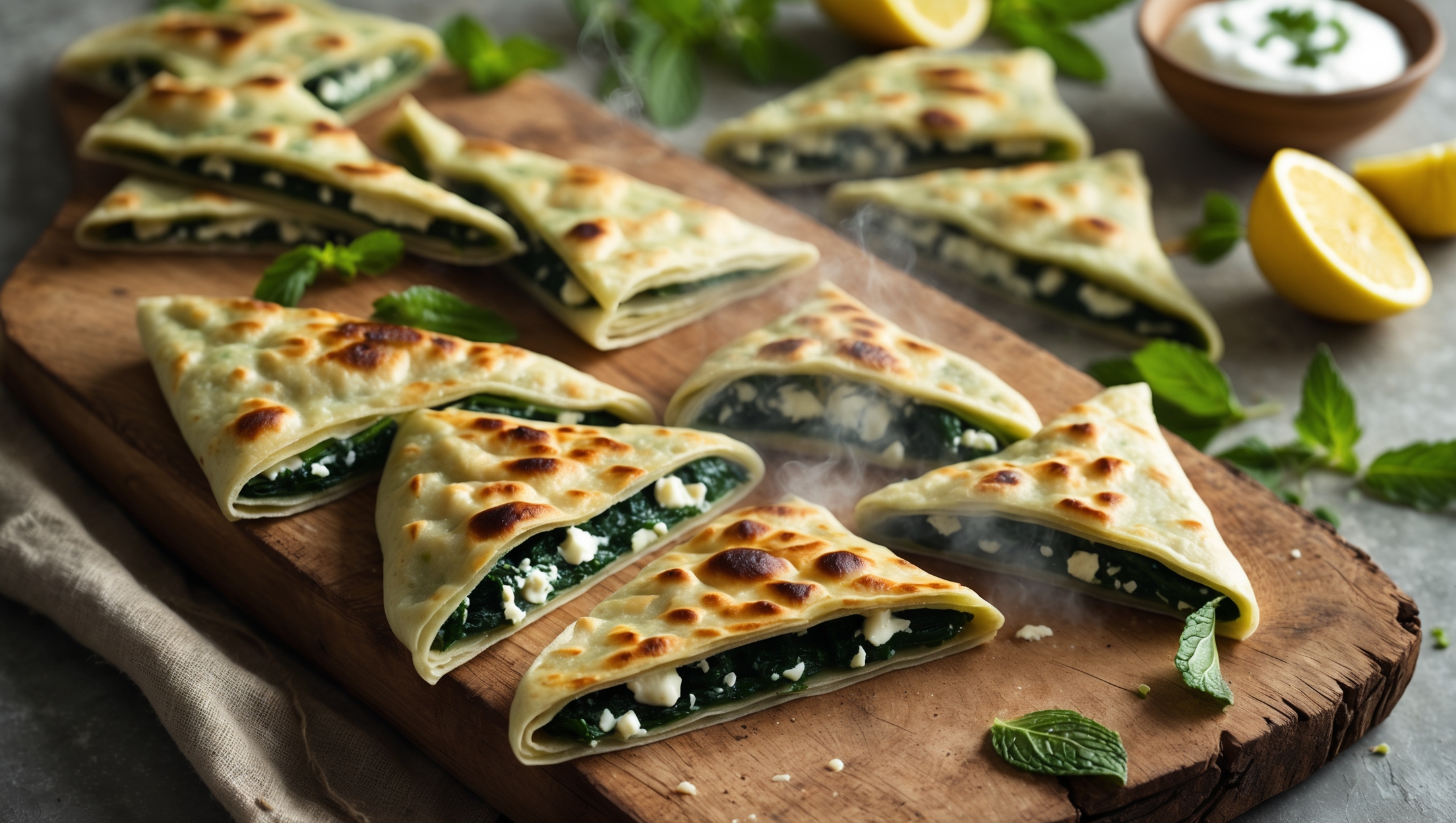 An overhead shot of freshly made gözleme triangles arranged on a rustic wooden board, their surfaces lightly blistered and glistening with a thin sheen of olive oil. A cross-section view reveals delicate layers of thin dough encasing vibrant spinach and feta filling, with steam gently rising from the cut edge. The lighting is warm and natural, highlighting the golden-brown spots on the flatbread's exterior and contrasting with the deep green filling. Surrounding the board are scattered fresh mint leaves, lemon wedges, and small bowls of yogurt dip, creating a casual Mediterranean tablescape that emphasizes the homemade, comforting nature of this traditional Turkish street food.