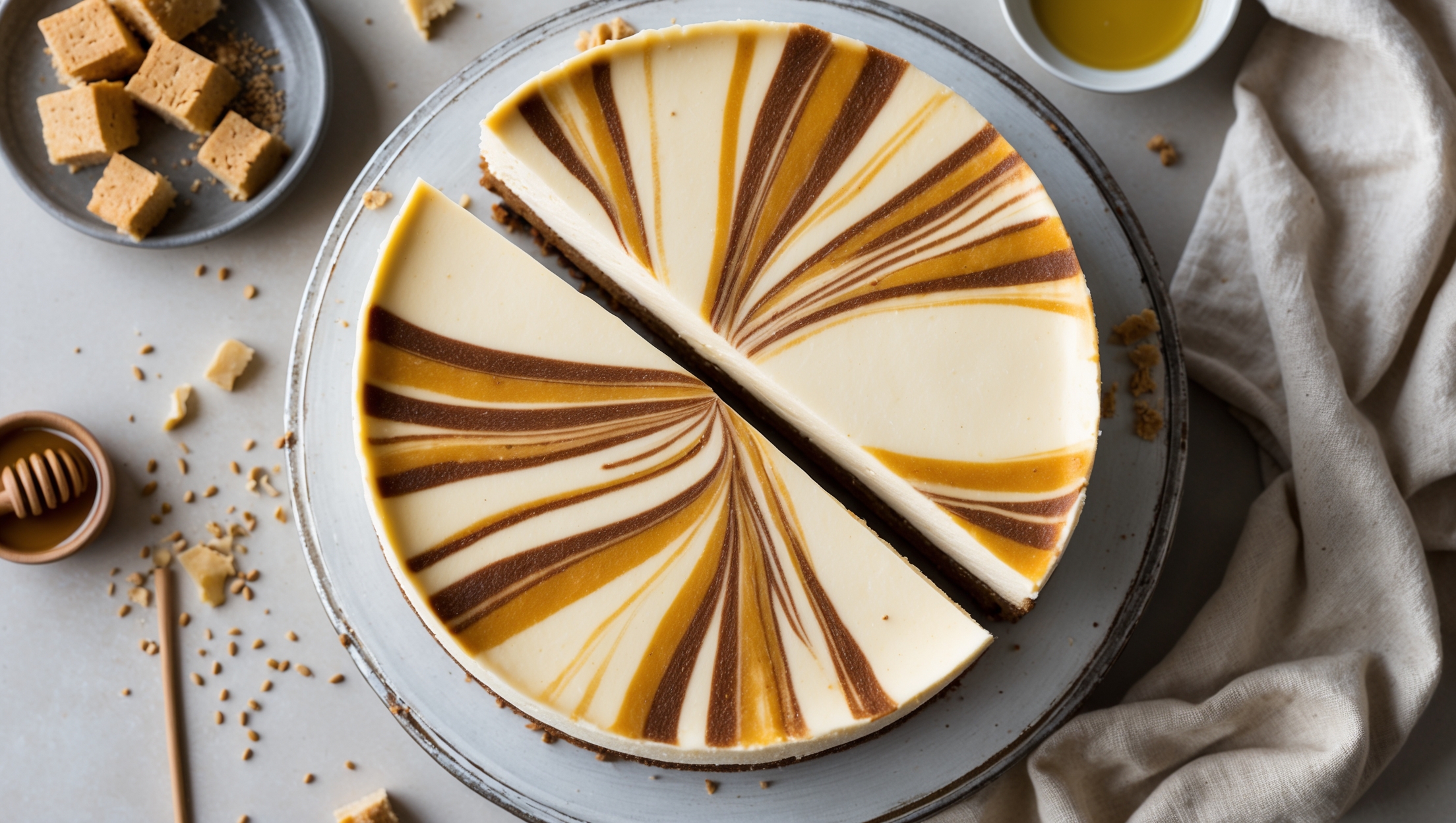 An overhead shot of a perfectly baked halvah swirl cheesecake with dramatic marble patterns of golden tahini halvah ribbons against creamy ivory cheesecake. A cross-section slice reveals the crisp graham cracker crust supporting the velvety smooth interior. Soft natural light highlights the subtle sheen of the cheesecake surface, while crumbled halvah pieces scattered around create textural contrast. The cheesecake sits on a vintage cake stand against a neutral linen backdrop, with a small dish of tahini and honey nearby, emphasizing the Middle Eastern influence. A sprinkle of toasted sesame seeds adds dimension to the styling, complementing the halvah's nutty notes.