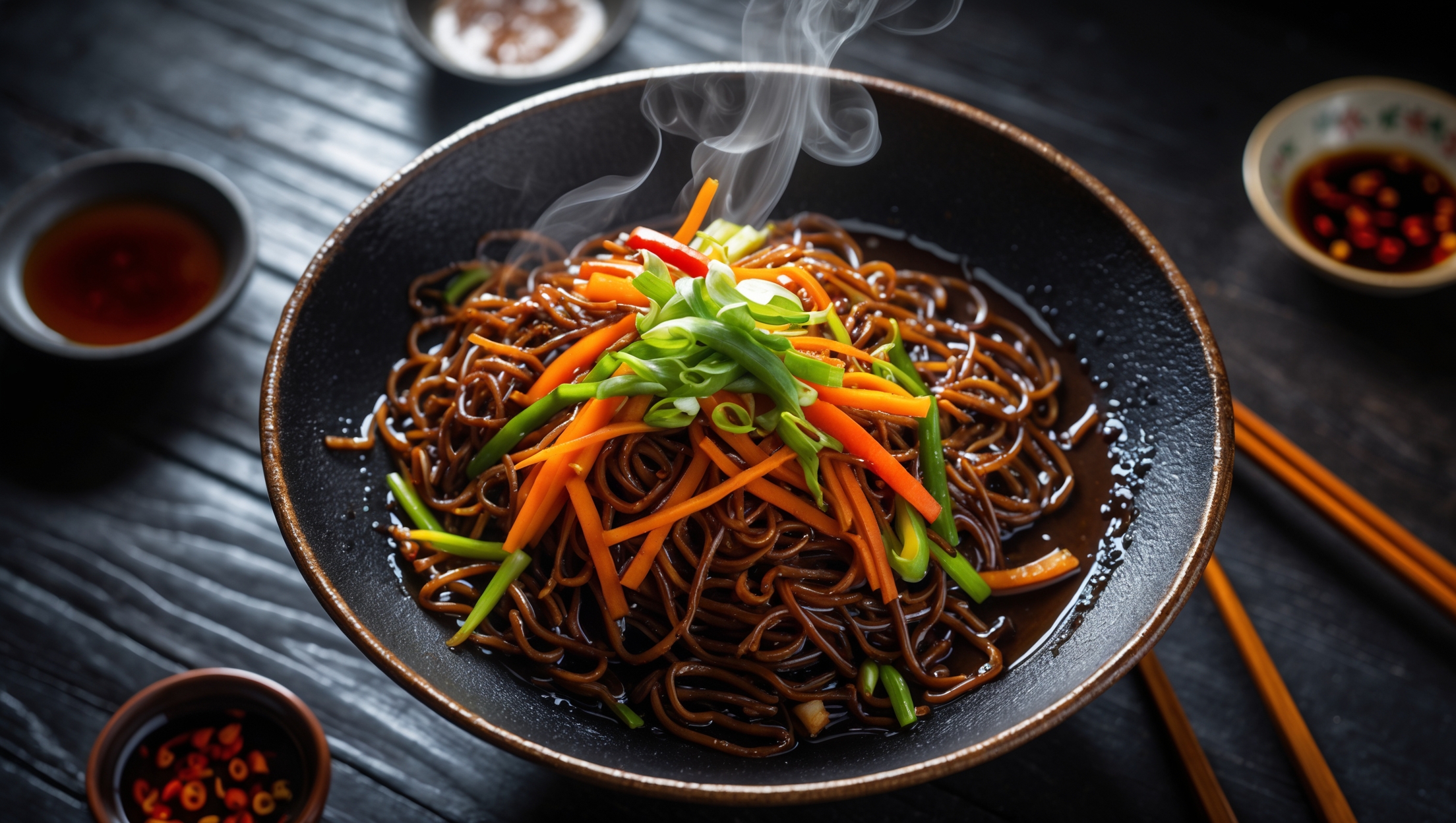An overhead shot of glossy Hakka Chow Mein glistening under warm studio lighting, showcasing the contrast between crispy-edged noodles and the deep brown sauce pooling around them. The vibrant colors of julienned carrots, bell peppers, and green spring onions pop against the dark noodles, while steam rises gently, carrying the aroma of garlic and soy. The dish is served in a traditional wok-style serving bowl on a dark wooden table, with chopsticks resting alongside and small dishes of chili oil and vinegar visible in the corner, creating an authentic Asian dining experience.