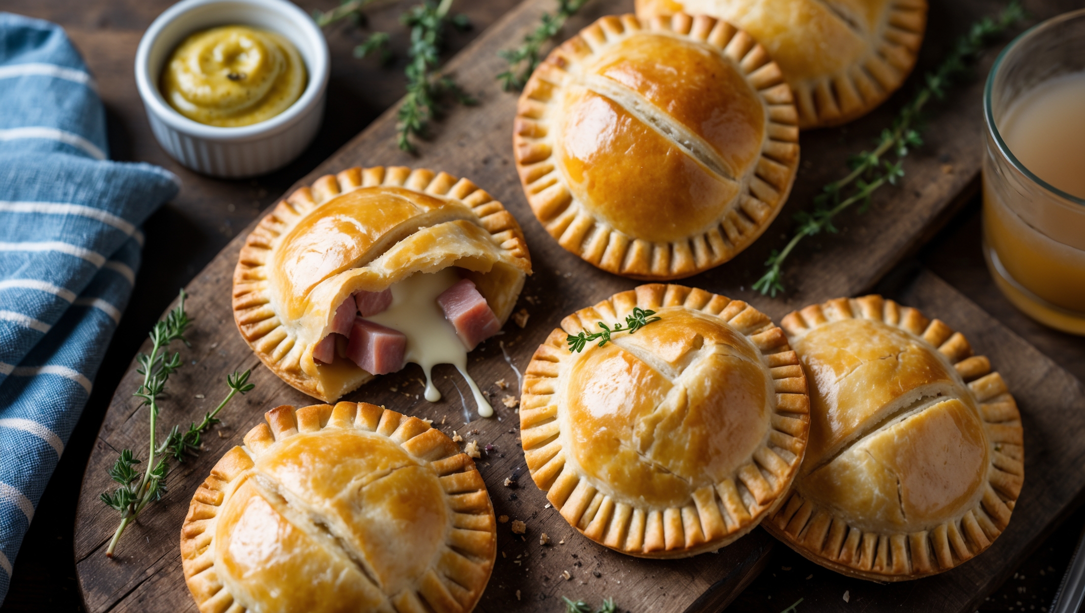 Overhead shot of golden-brown hand pies arranged on a rustic wooden board, with one pie broken open to reveal the gooey cheese pull and diced ham filling. Soft natural light highlights the flaky, buttery layers of pastry with visible lamination marks on the surface. A scattering of fresh thyme sprigs and cracked black pepper adds depth to the composition, while a vintage blue-striped linen napkin adds color contrast. In the background, slightly blurred, sits a small ramekin of grainy mustard and a glass of apple cider, suggesting perfect pairings for these savory treats.