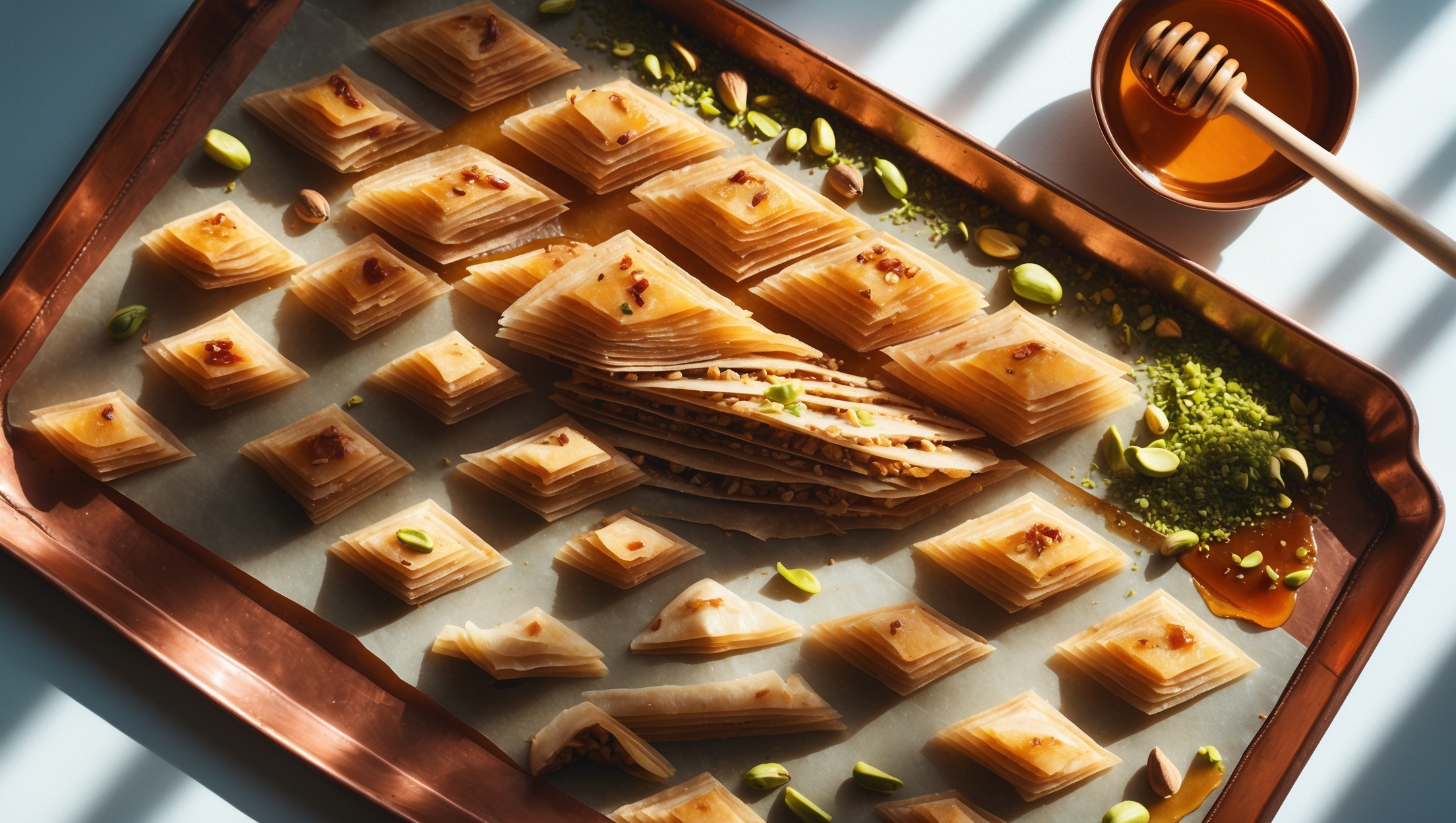 An overhead shot capturing the geometric diamond-cut pieces of ultrathin baklava arranged on an antique copper tray, with one piece lifted to reveal the multitude of gossamer-thin layers beneath. Soft window light highlights the glistening honey syrup and creates shadows that emphasize the depth of the countless layers. A scattering of crushed pistachios adds vibrant green accents against the golden-brown pastry, while a small pot of amber honey with a wooden dipper sits alongside. The cross-section view reveals the remarkable engineering of over 100 distinct layers, with the filling of chopped nuts creating an earthy contrast to the paper-thin, butter-enriched phyllo sheets.