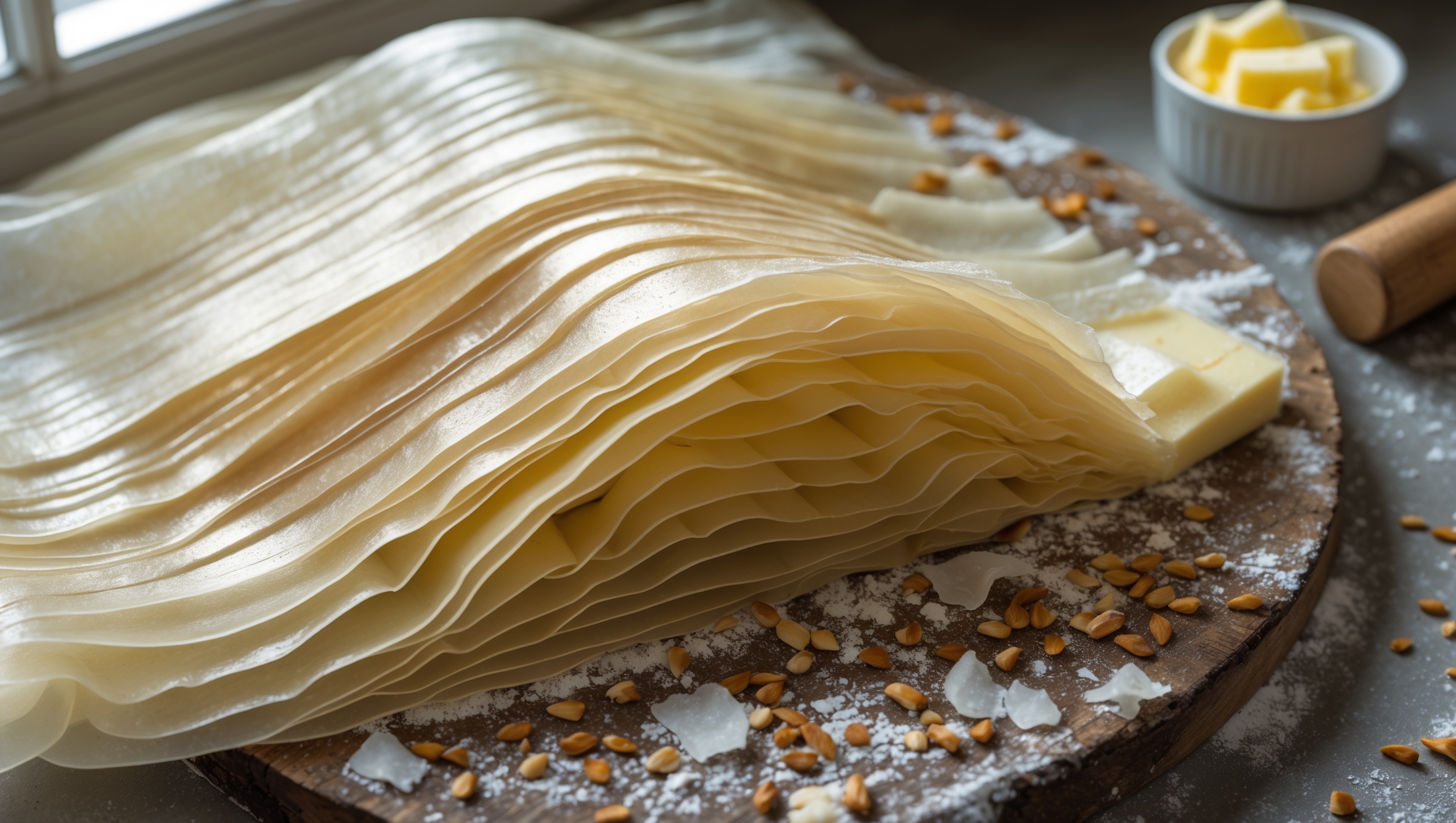 An overhead shot captures translucent sheets of hand-stretched yufka dough with visible layers of golden cultured butter between them. A cross-section reveals dozens of flaky, paper-thin layers with distinct separation. Soft natural light streams through a kitchen window, highlighting the pastry's delicate structure and buttery sheen. The finished pastry is presented on a weathered wooden board dusted with flour, alongside scattered toasted sesame seeds and flaky sea salt. In the background, a small ramekin of cultured butter sits next to a vintage rolling pin, emphasizing the traditional nature of this labor-intensive pastry.