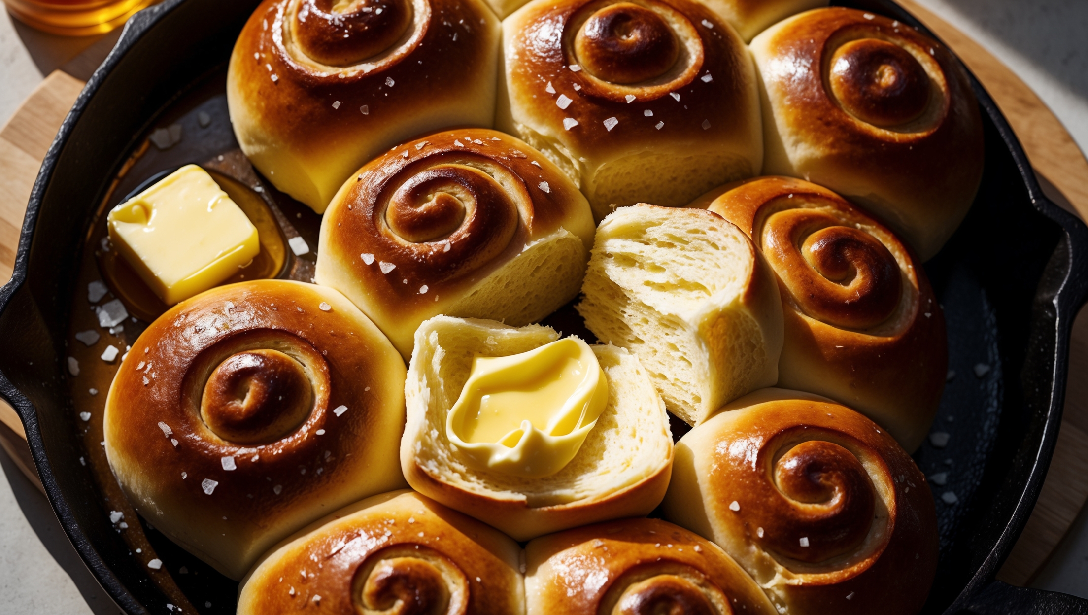 Overhead shot of a dozen perfectly round Hawaiian Sweet Rolls arranged in a rustic cast-iron skillet, their tops glistening with a honey butter glaze under soft natural light. The rolls display a rich golden-brown exterior with a gentle tear where one roll has been pulled away, revealing the tender, airy interior with a yellow-tinged crumb structure. Scattered flakes of sea salt catch the light, while a wooden board beneath holds a small ramekin of softened butter and a drizzle of honey, suggesting the tropical sweetness within. The warm ambient lighting creates shadows that highlight the rolls' perfectly domed tops and pillowy texture.