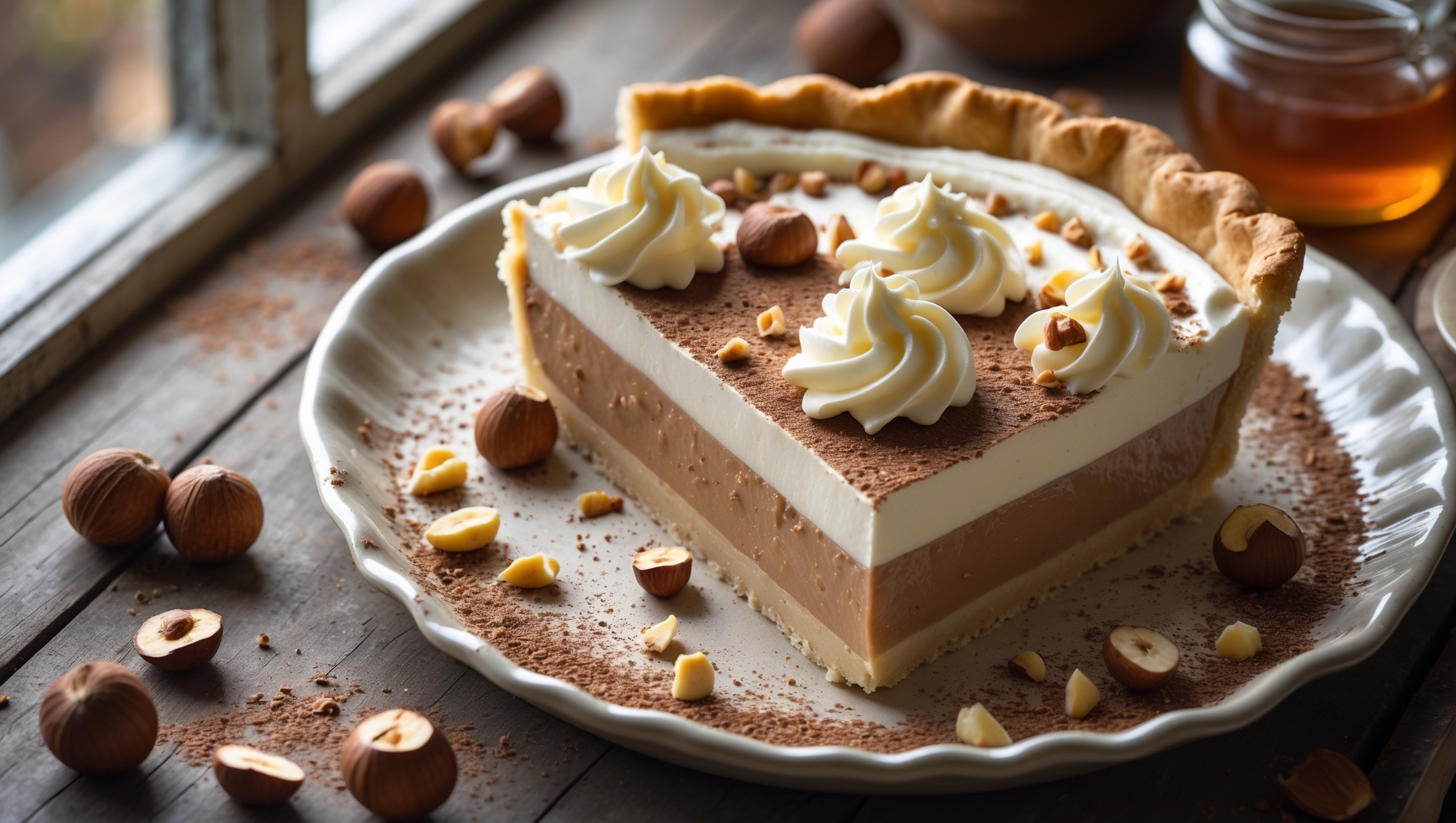 An overhead shot of a perfectly sliced Hazelnut Cream Pie revealing its luscious layers – a golden-brown shortcrust base supporting a velvety hazelnut custard filling the color of coffee with cream. The pie is adorned with artfully piped swirls of fresh whipped cream and scattered with chopped toasted hazelnuts that catch the soft natural light streaming through a nearby window. The slice sits on a vintage ceramic plate against a rustic wooden table, with whole hazelnuts and a small jar of honey strategically placed nearby. A dusting of cocoa powder creates a gentle contrast against the cream, while the cross-section captures the perfect set of the custard – firm enough to hold its shape yet promising silky smoothness with each forkful.