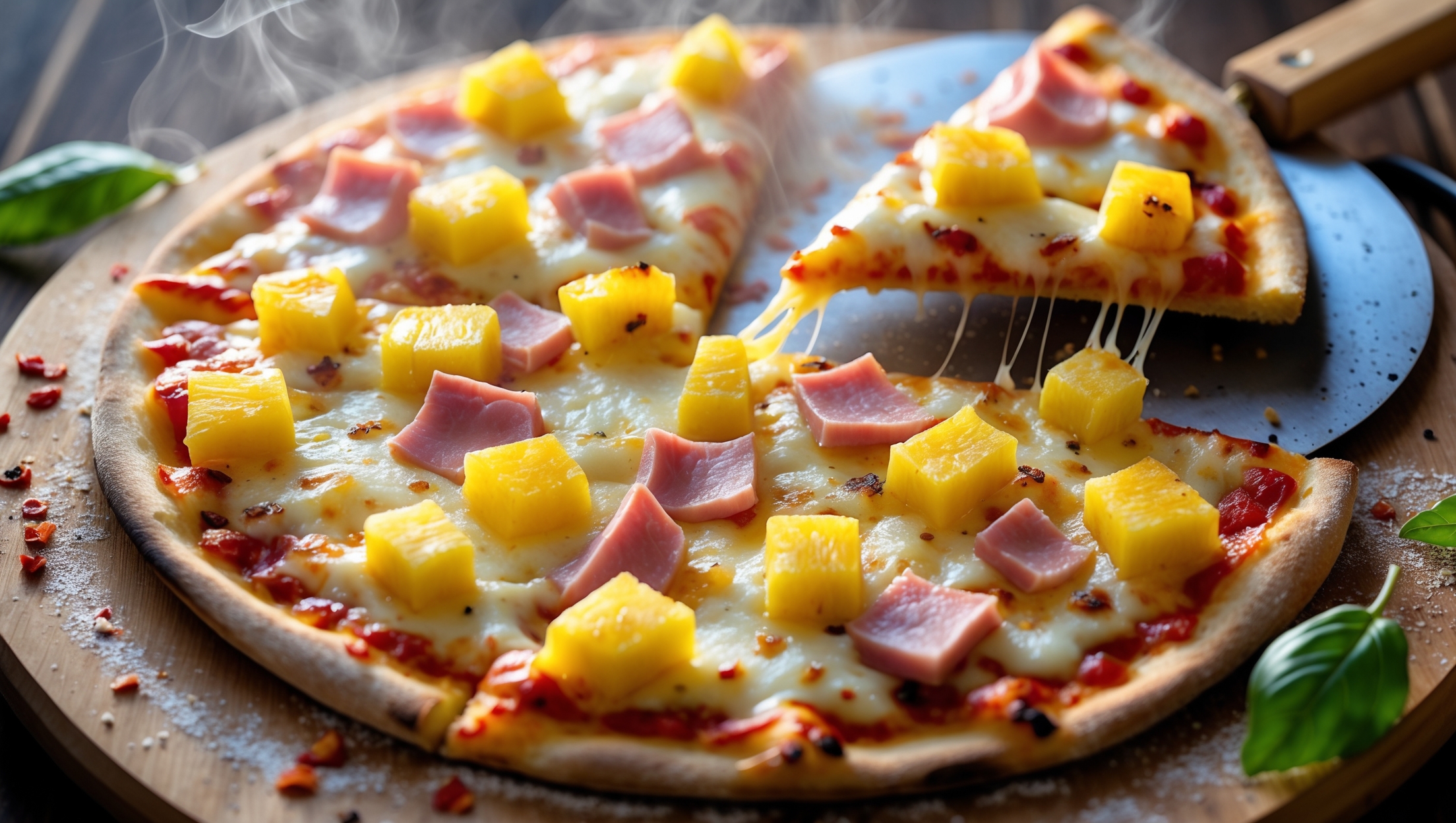 An overhead shot of a perfectly baked Hawaiian pizza with a golden-brown crust and bubbling cheese, captured in warm natural light. The vibrant yellow pineapple chunks contrast beautifully with the pink ham pieces scattered across the pizza. The cross-section view reveals the thin, crispy base with slight char marks from the hot oven. Cheese pulls stretch dramatically as a slice is being lifted, showcasing its perfect meltiness. The pizza sits on a rustic wooden pizza peel with fresh basil leaves and red pepper flakes scattered around, while steam rises gently from the hot surface. A light dusting of semolina is visible on the wooden board, with the background softly blurred to keep focus on the pizza's glistening, colorful toppings.