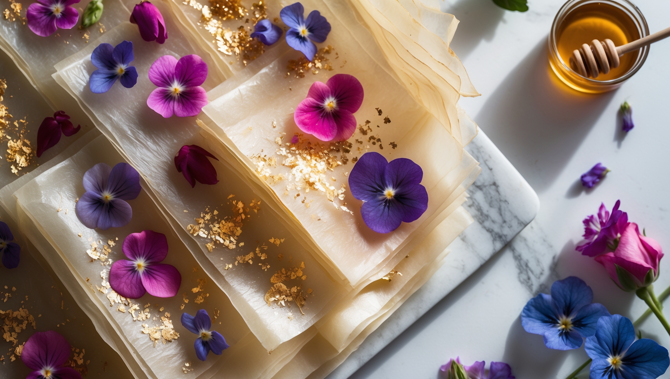 An overhead shot captures translucent sheets of hand-stretched phyllo dough arranged in elegant layers, with natural light illuminating their paper-thin texture and subtle variations. A close-up reveals the meticulous placement of vibrant edible flowers—purple violets, pink rose petals, and blue cornflowers—contrasting beautifully against the golden-brown pastry. Shimmering flecks of gold leaf catch the light dramatically, creating a luxurious sparkle. The phyllo is presented on a minimalist white marble surface with scattered fresh flowers and a small pot of honey nearby, emphasizing the delicate artistry and gourmet nature of this showstopping creation.