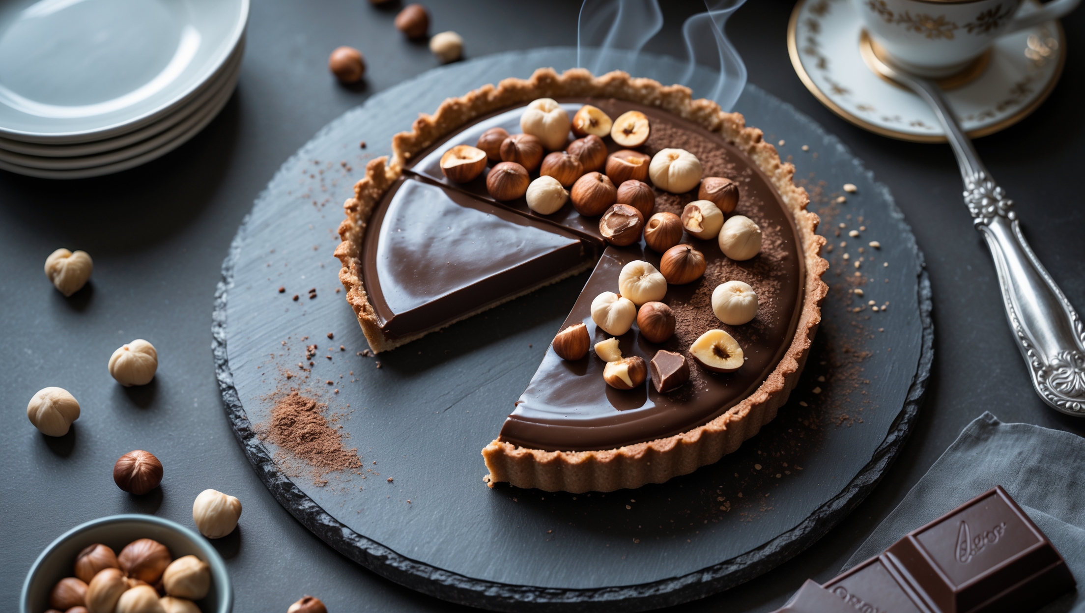 Overhead shot of a glossy dark chocolate tart with a rustic hazelnut crust, captured in soft natural light that highlights its mirror-like surface. A clean slice reveals the perfect contrast between the crisp nutty base and velvety chocolate filling. Whole and chopped toasted hazelnuts are artfully scattered across the top, some dusted with cocoa powder, creating textural interest. The tart sits on an elegant slate serving board with a vintage silver cake server nearby. A small bowl of fresh hazelnuts and pieces of premium dark chocolate create a composition that emphasizes the tart's key ingredients, while steam rises subtly from a cup of espresso positioned at the frame's edge.